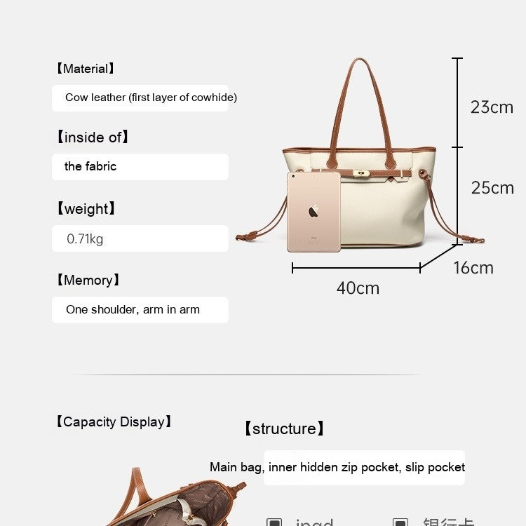 Genuine Leather Tote Bag with Lock Design - Large Capacity Shoulder Bag for Women, Perfect for Work, Travel, and Everyday Use