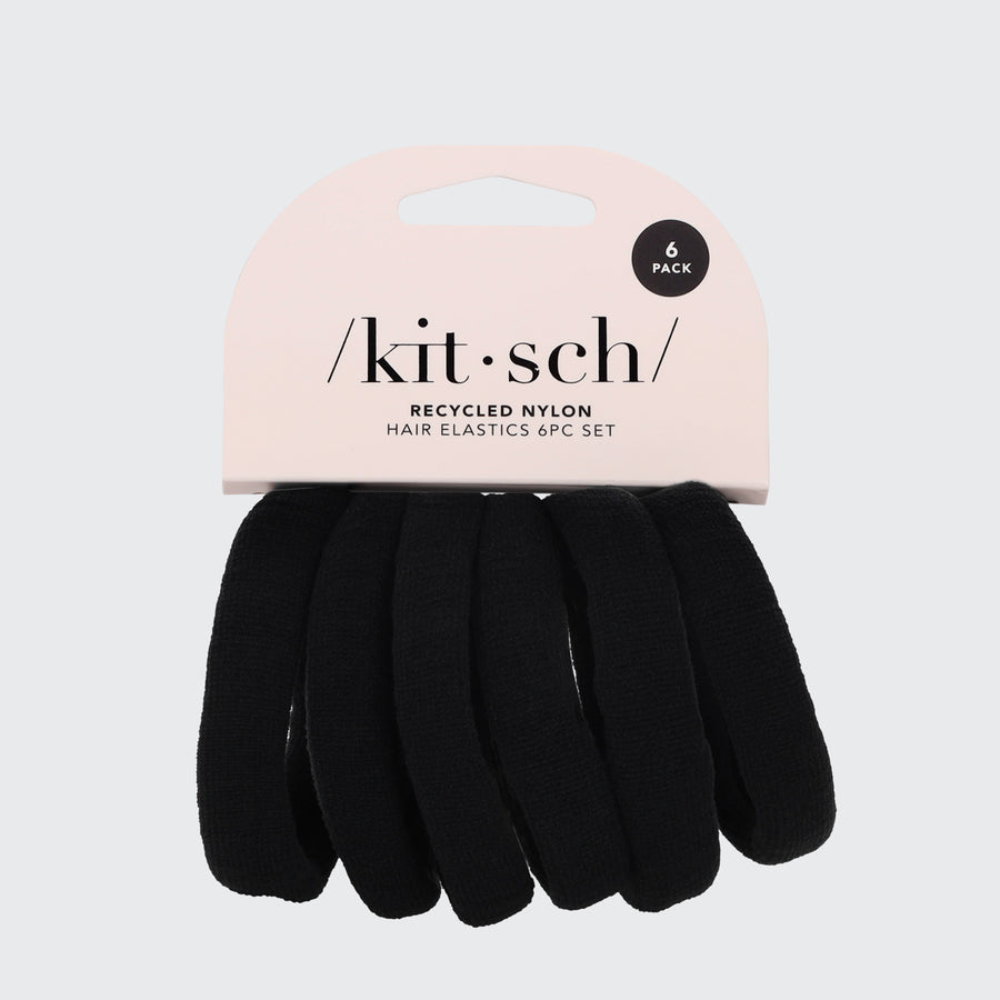 Eco-Friendly Recycled Nylon Thick Hair Ties - 6 Pack Black Hair Elastics for Women & Girls - Perfect for Ponytails, Braids and Workouts