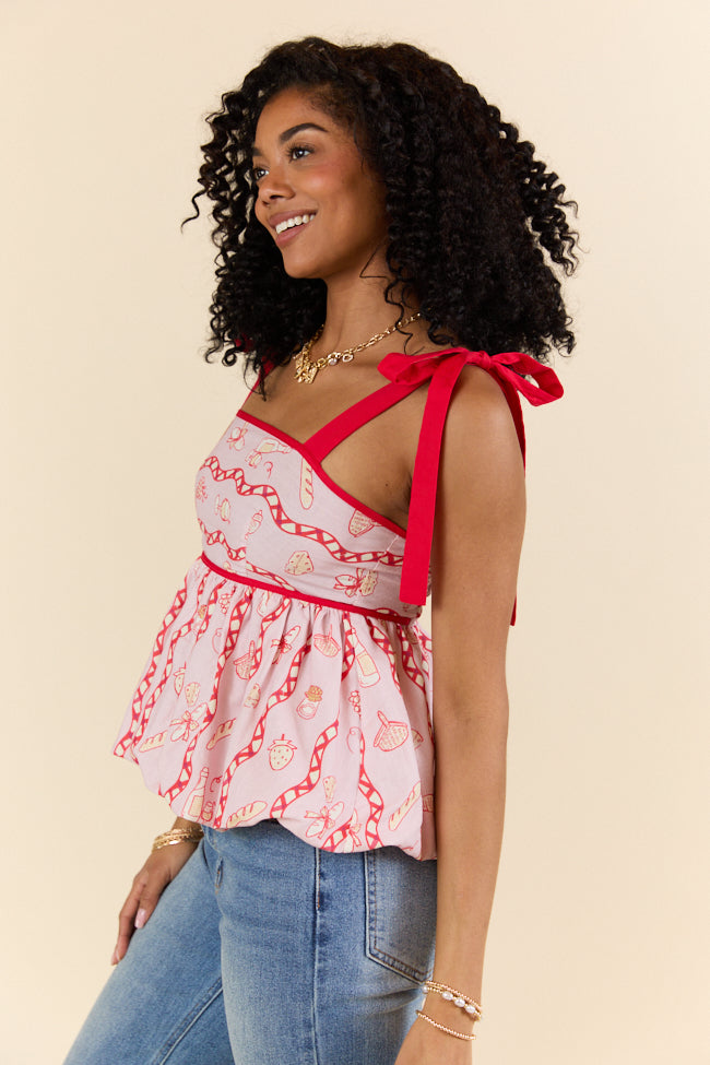 French Picnic Red Tie Sleeve Tank Top - Women's Summer Fashion Blouse for Casual Outings, Dates & Picnics