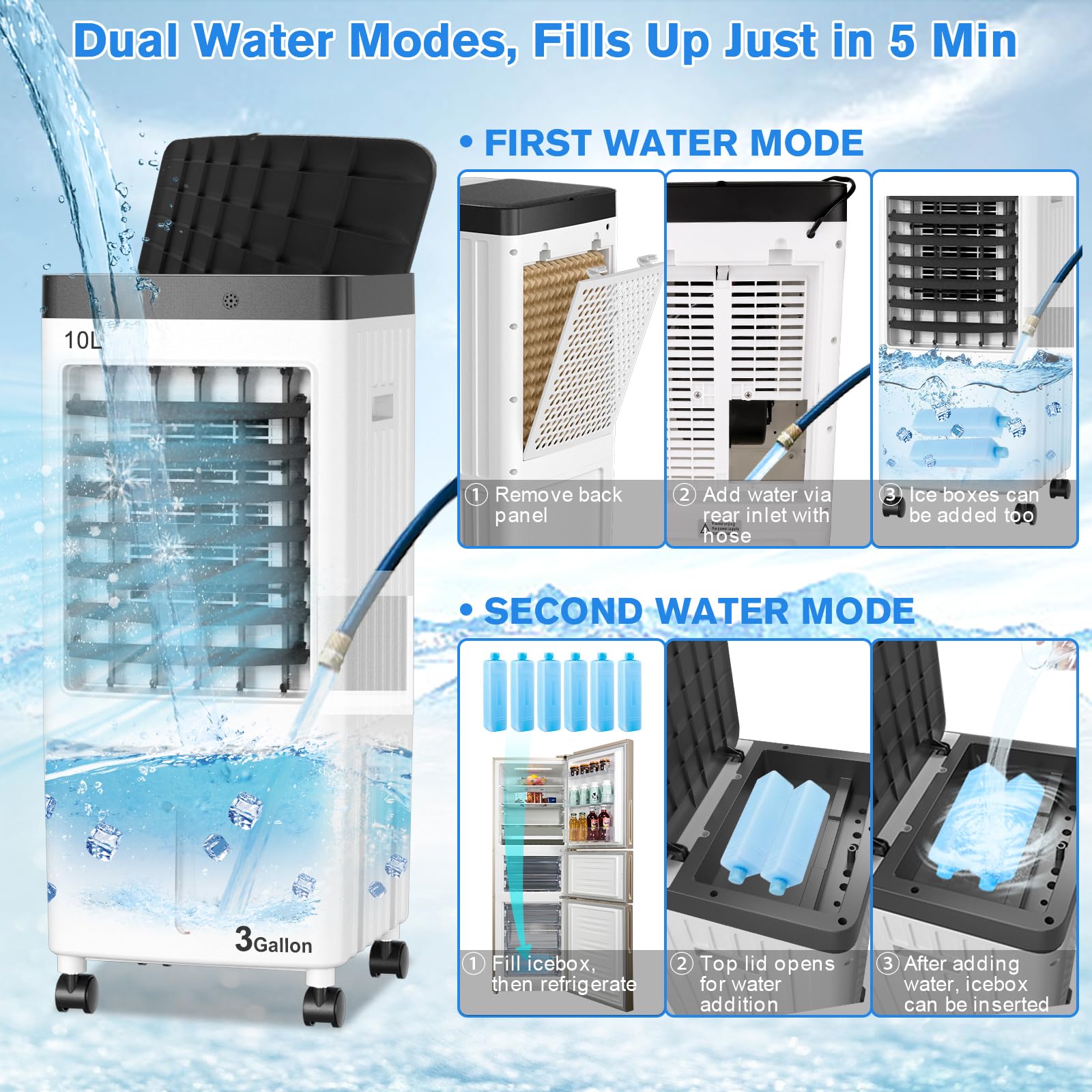 Portable Air Conditioner with 3.2 Gallon Tank - 20H Cooling, 6 Ice Packs, Timer & 3 Speed Settings - 70° Oscillating Swamp Cooler for Bedroom, Kitchen, Garage, Office & Outdoor Use