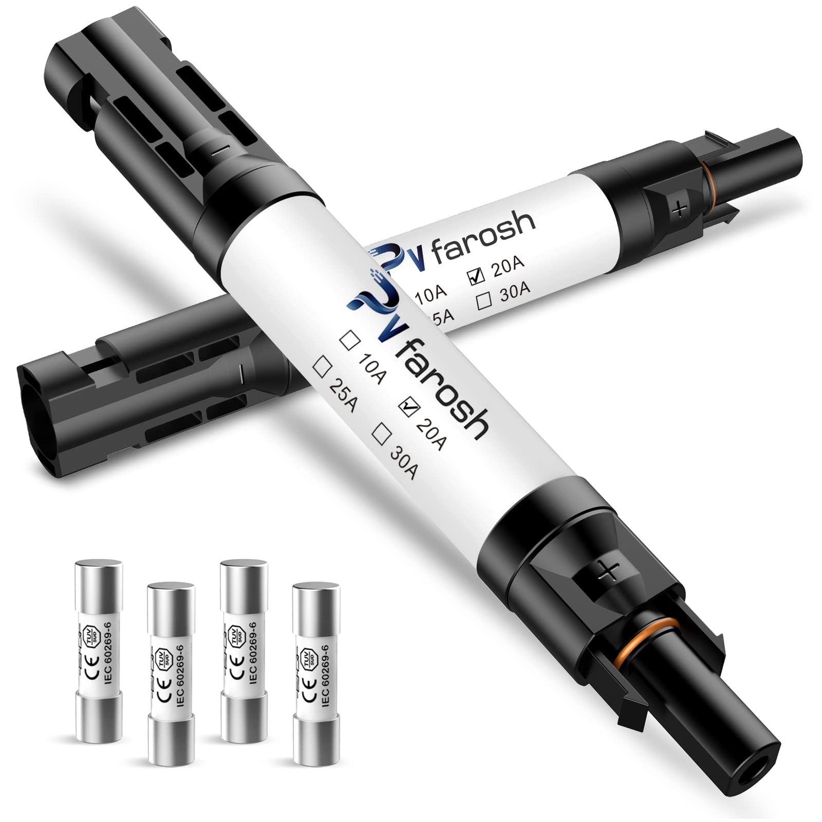 20A Solar Fuse Holder Connector IP68 Waterproof 1000V - Inline Solar Fuse Holder Kit with Male & Female Connectors (4 Fuses + 2 Holders) - Ideal for Solar Panel Systems, RV, Marine & Off-Grid Power Applications