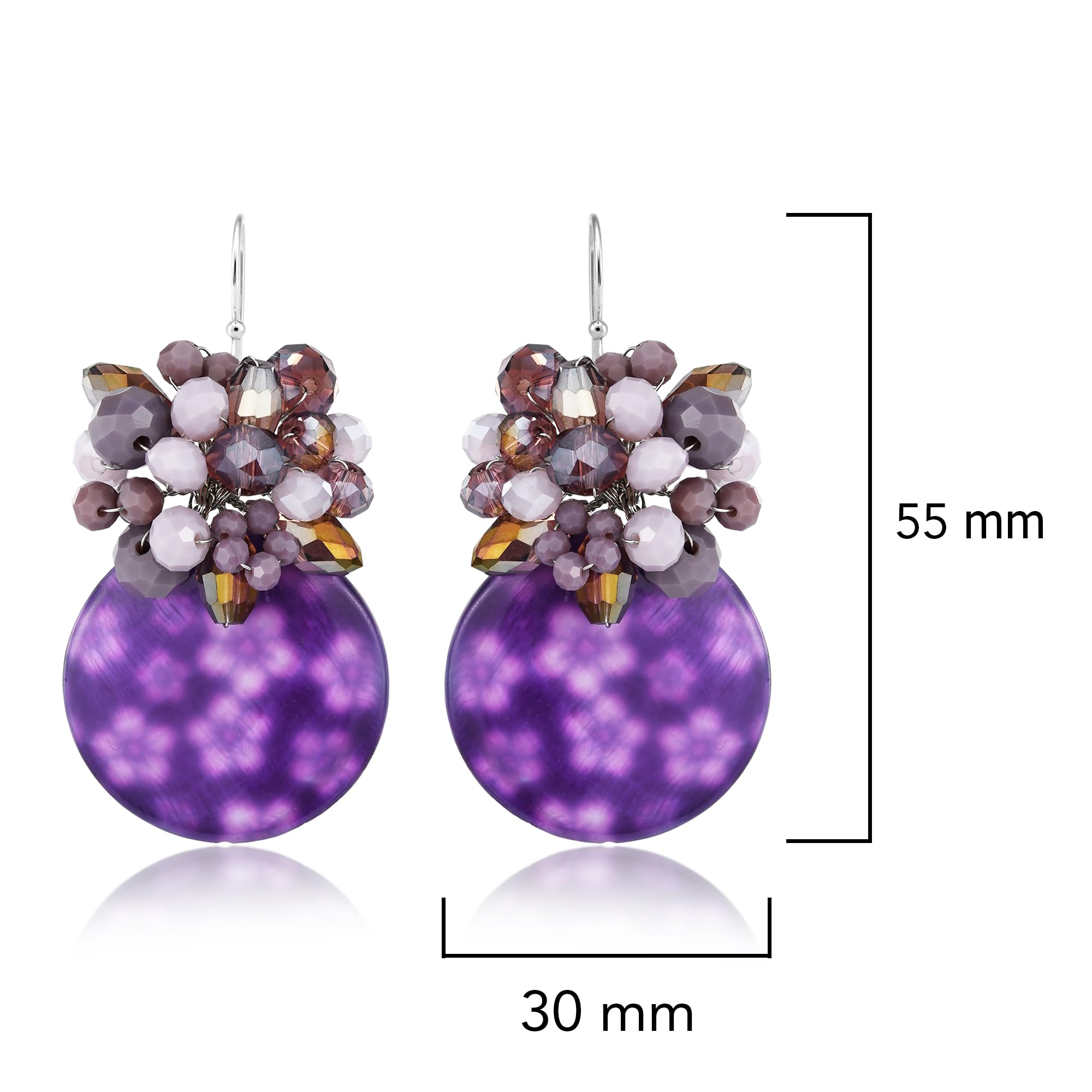 AeraVida Sparkling Purple Painted Mother of Pearl and Crystal Bead Floral Dangle Earrings for Women | Elegant Statement Jewelry | Floral-Inspired Pearl Earrings | Perfect for Weddings, Parties & Special Occasions