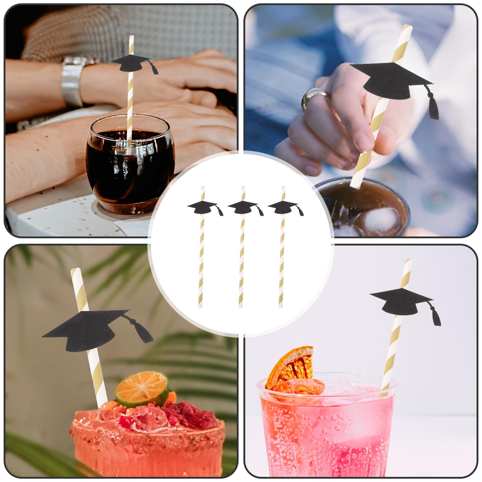 BESTOYARD Graduation Cap Paper Straws - Pack of 12 Black Striped Decorative Drinking Straws for 2023 Graduation Parties, Commencement Celebrations & School Events