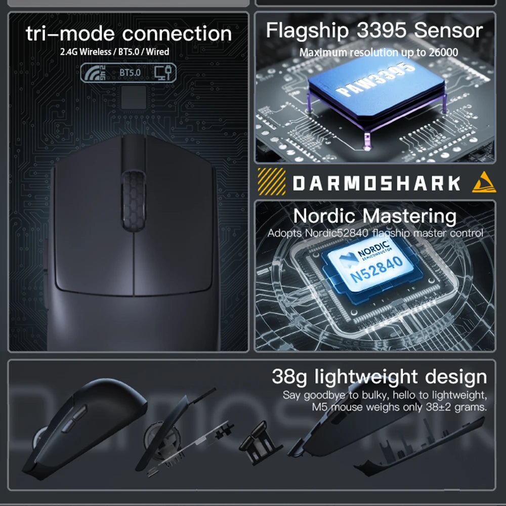 Darmoshark M5 8K Wireless Gaming Mouse - Ultra-Lightweight Ergonomic Design, 26000 DPI, 1000Hz Polling Rate - Perfect for FPS, MOBA, and Esports Gaming