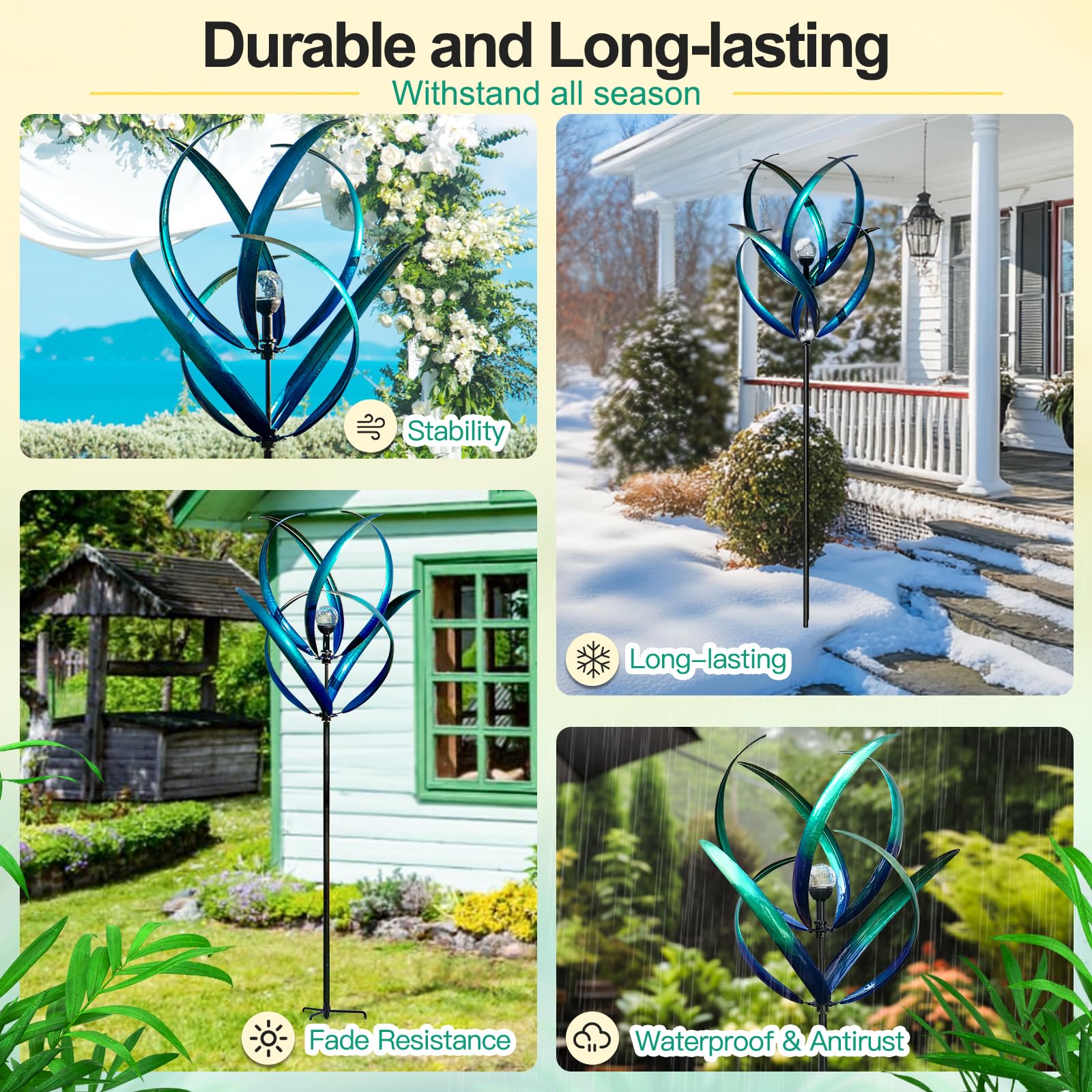 82'' Solar-Powered Metal Wind Spinner - Peacock Blue Outdoor Yard Art for Garden, Lawn & Patio Decor | Weather-Resistant Wind Sculpture with LED Lights | Unique Gift for Family & Friends | Perfect for Backyard, Front Yard & Outdoor Parties