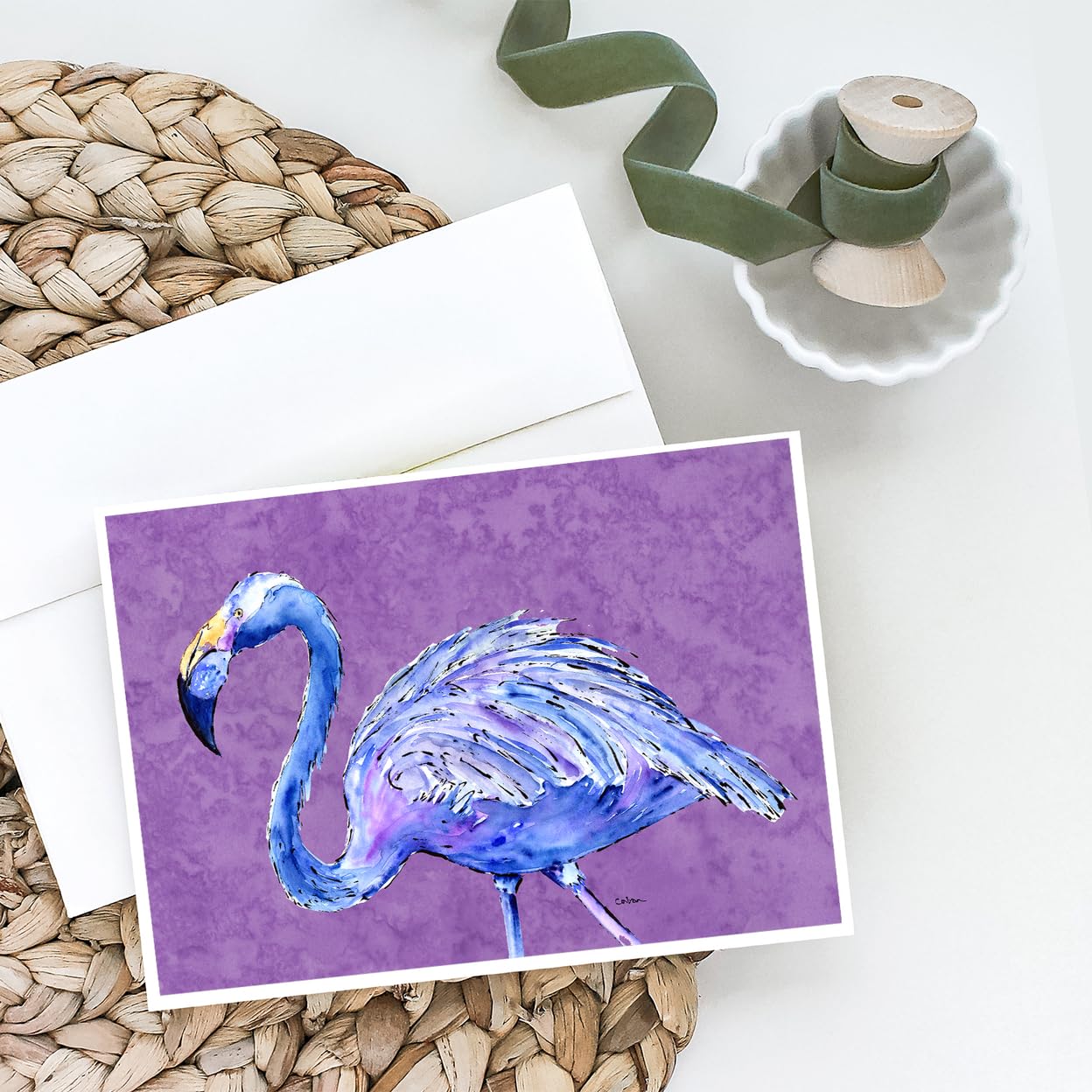 Caroline's Treasures 8874GCA7P Whimsical Flamingo on Purple Blank Greeting Cards - Pack of 8 A7 Size (5x7) Note Cards with Envelopes - Perfect for Birthdays, Thank You Notes & Special Occasions