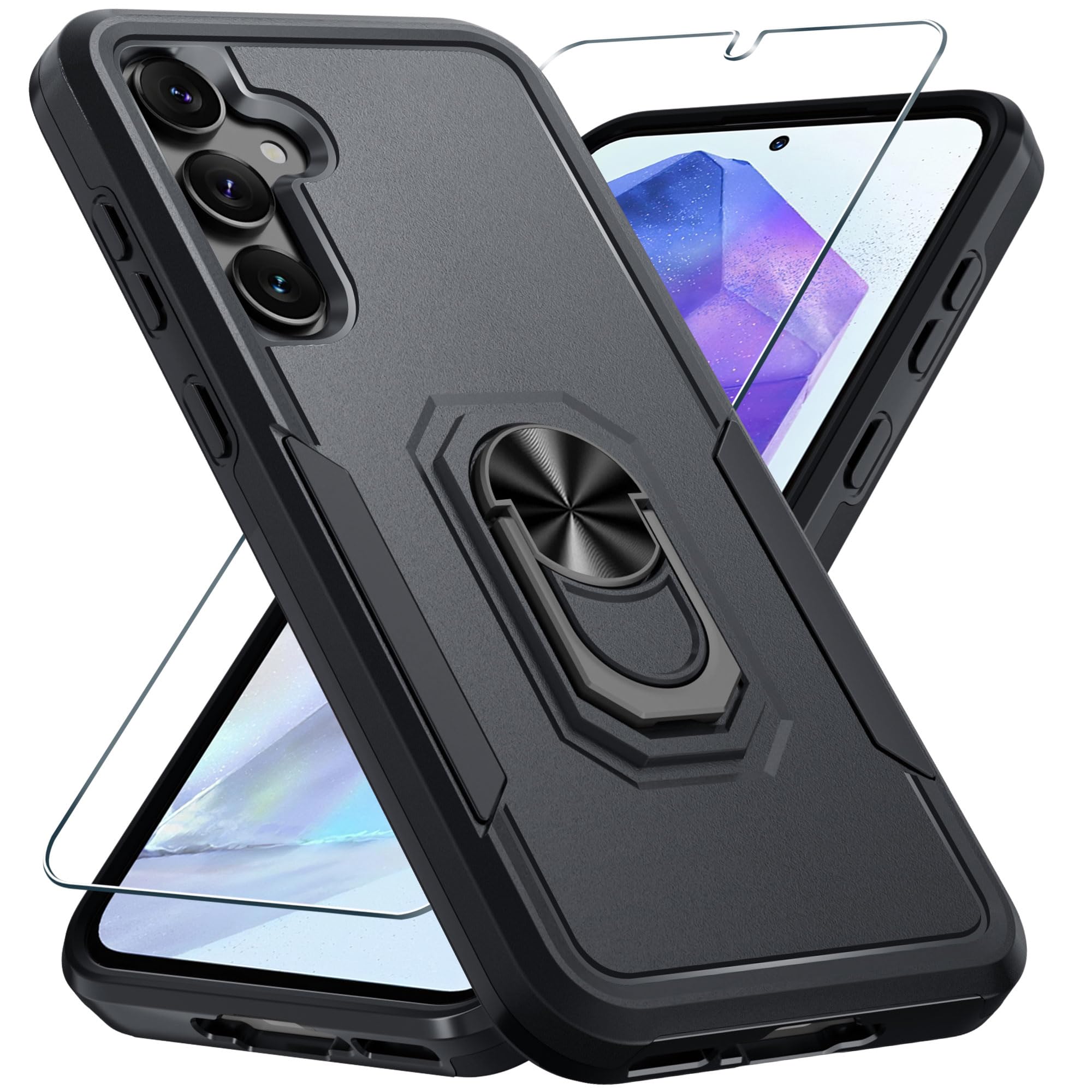 Janmitta Heavy Duty Shockproof Case for Samsung Galaxy A35 5G (2024) - Full Body Protection with Built-in Metal Ring Holder & Kickstand + Screen Protector | Matte Black | Perfect for Outdoor Activities, Travel & Daily Use