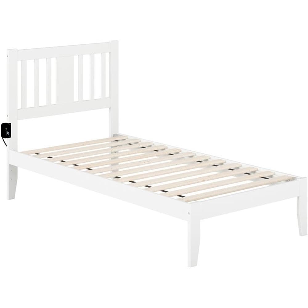 BOWERY HILL White Twin Spindle Bed Frame with Built-in USB Turbo Charger - Perfect for Modern Bedrooms, Guest Rooms & Small Spaces