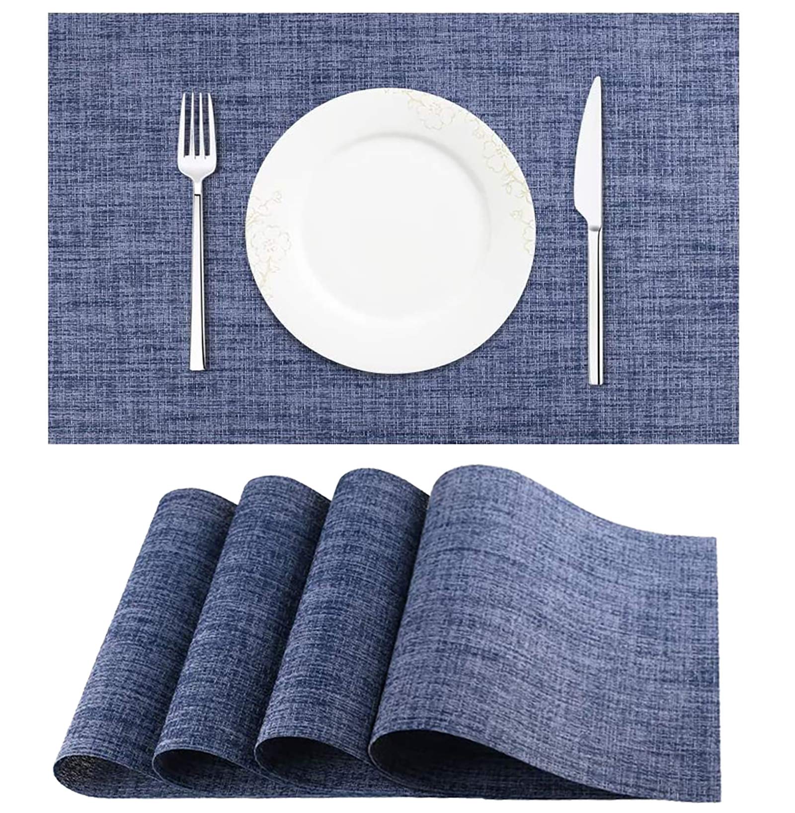 MVYECOR Set of 4 Heat-Resistant PVC Placemats - Stain Proof, Non-Slip, Washable Vinyl Table Mats for Dining, Kitchen & Outdoor Use (Blue)