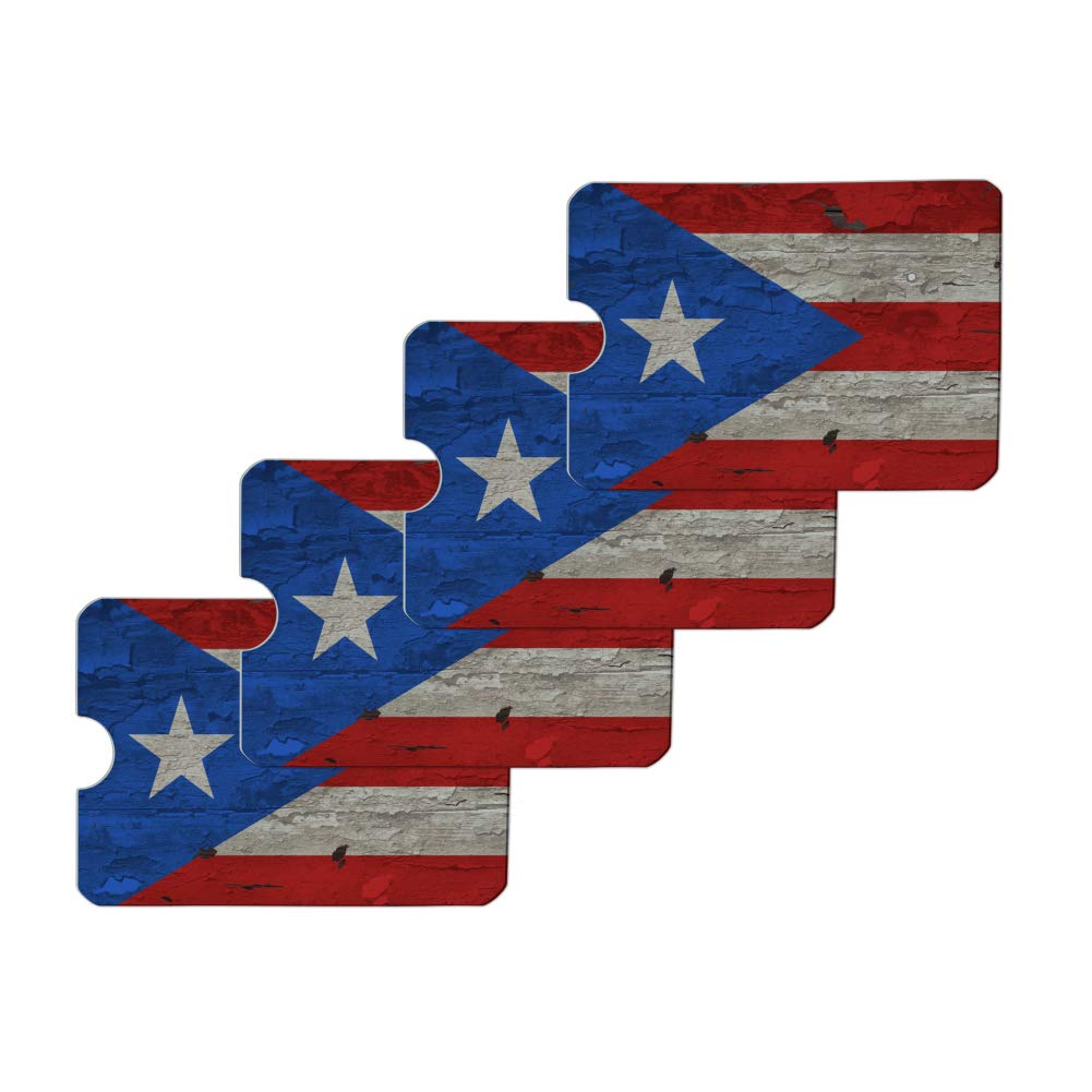Vintage Distressed Puerto Rico Flag Wooden Credit Card Holder - RFID Blocking Wallet Protector (Set of 4) for Travel, Shopping & Daily Use