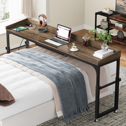 Adjustable Overbed Table with Wheels - Portable Rolling Desk with Outlets & USB Ports - Height Adjustable Laptop Table for Queen Bed - Multi-Angle Tilt Stand for Work, Eating, or Reading in Bed