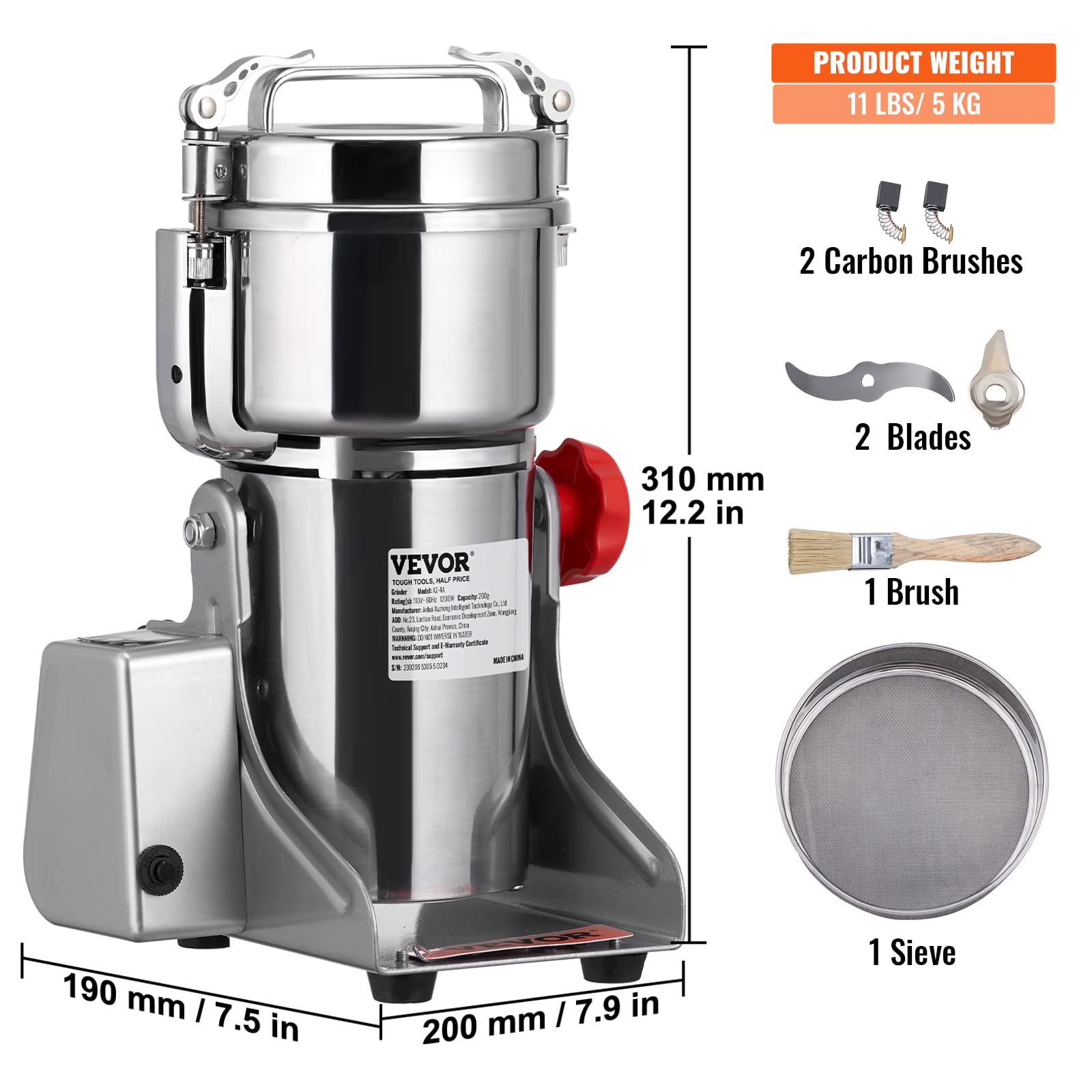 VEVOR 700g Electric Grain Mill Grinder - 2500W High-Speed Commercial Grinder, Stainless Steel Dry Grain & Coffee Grinder for Corn, Pepper, Cereals - Perfect for Home Kitchens, Bakeries & Coffee Shops