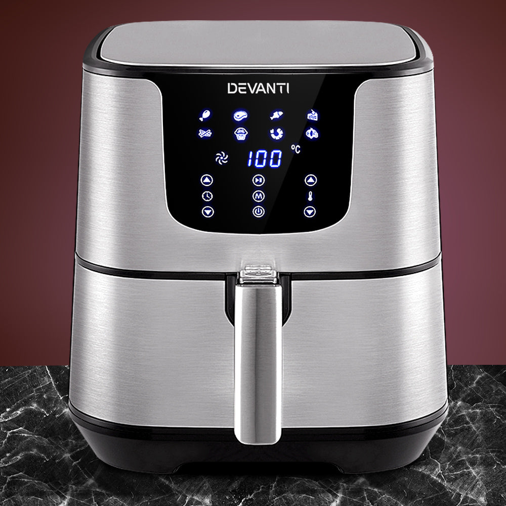 Devanti 7L Air Fryer with LCD Display - Stainless Steel, Healthy Oil-Free Cooking for Family Meals, Snacks & Quick Dinners