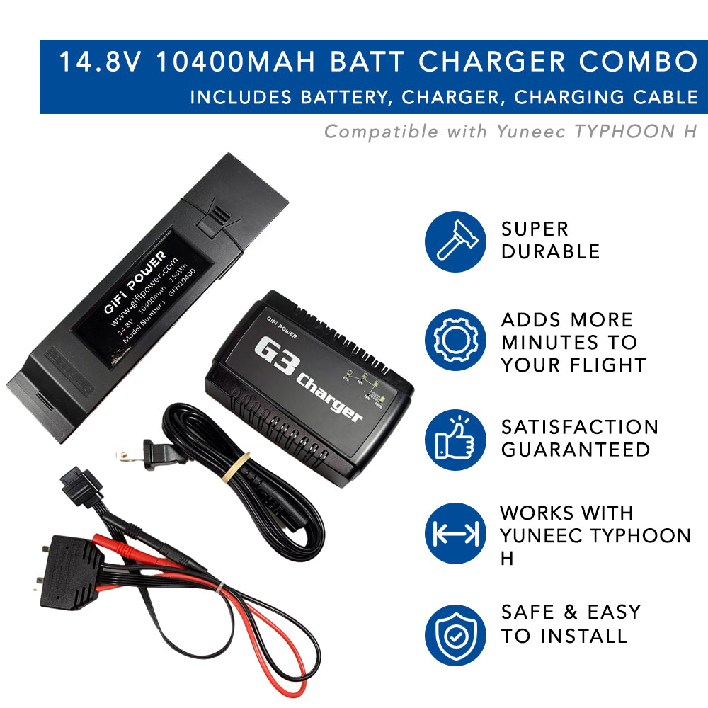 Yuneec TYPHOON H Drone Battery & Charger Combo - 14.8V 10400mAh High Capacity LiPo Battery with Fast Charger & Power Cables - Perfect for Aerial Photography, Videography & Long Flight Time