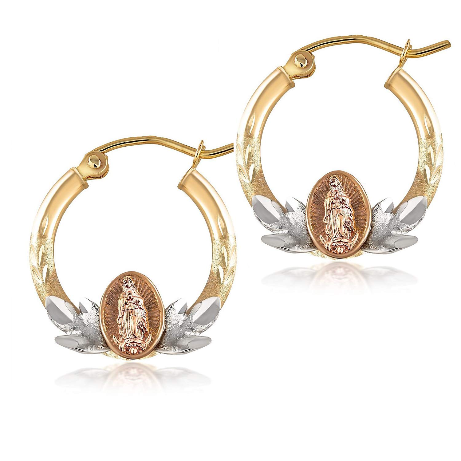 14K Gold Virgin Mary Hoop Earrings for Women - Tri-Color Yellow White Rose Gold Religious Jewelry Gift - Elegant Mother's Day Present - Perfect for Church, Weddings & Special Occasions