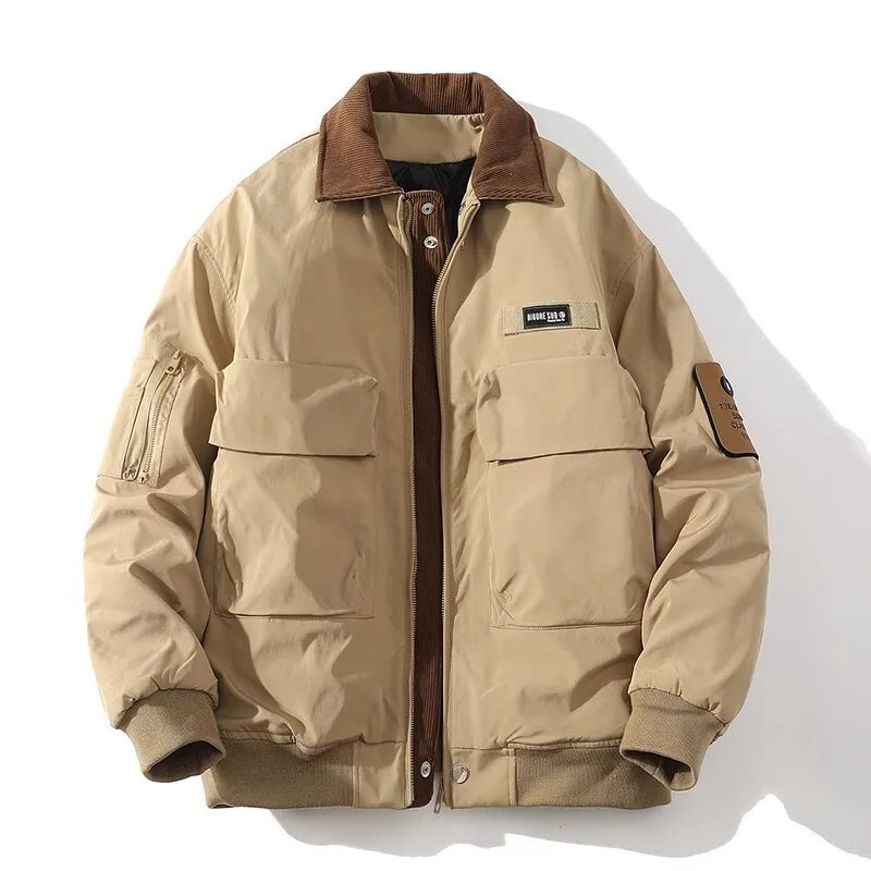 Men's Thickened Cotton Padded Jacket - American Style Lapel Patchwork Contrast Color with Big Pockets | CPG2523 | Perfect for Winter Outdoor Activities & Casual Wear