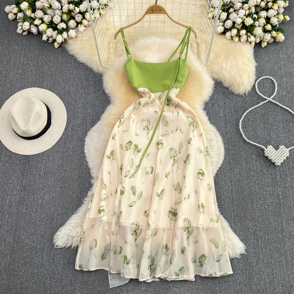 French Floral Spaghetti Strap Skirt - Summer Sleeveless Midi A-Line Chiffon Dress for Women | Beach Wedding, Vacation & Date Night Outfits