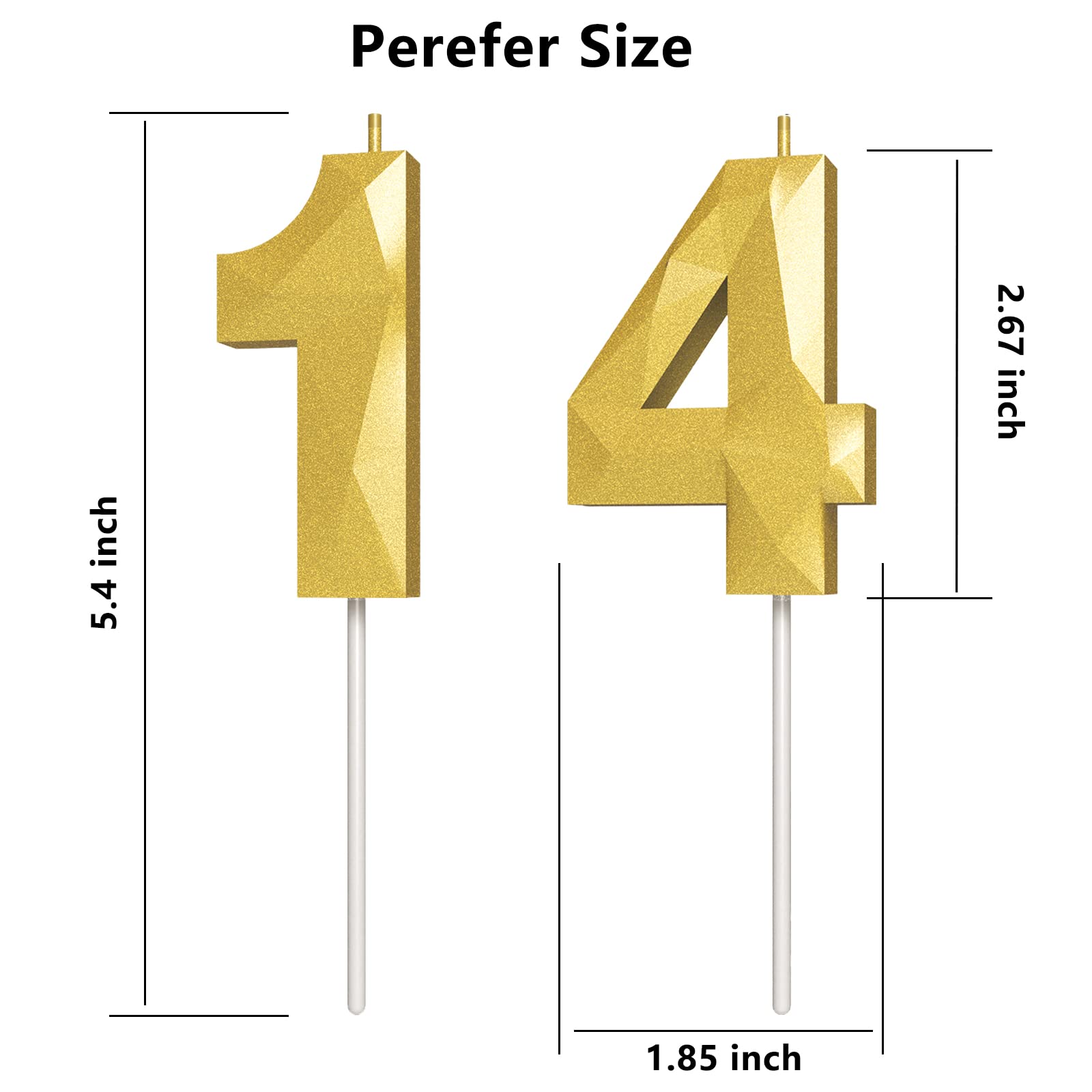 3D Diamond Shape Gold Number 14 Birthday Candles - Happy Birthday Cake Decorations for Parties, Weddings, Reunions & Theme Celebrations | Perfect for Cake Toppers & Special Occasions