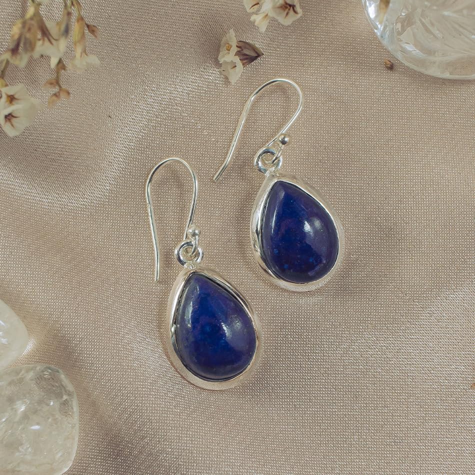 Natural Lapis Lazuli Sterling Silver Drop Earrings for Women – 925 Silver Dangle Earrings with Gift Box – Birthstone Jewelry for Special Occasions & Everyday Elegance