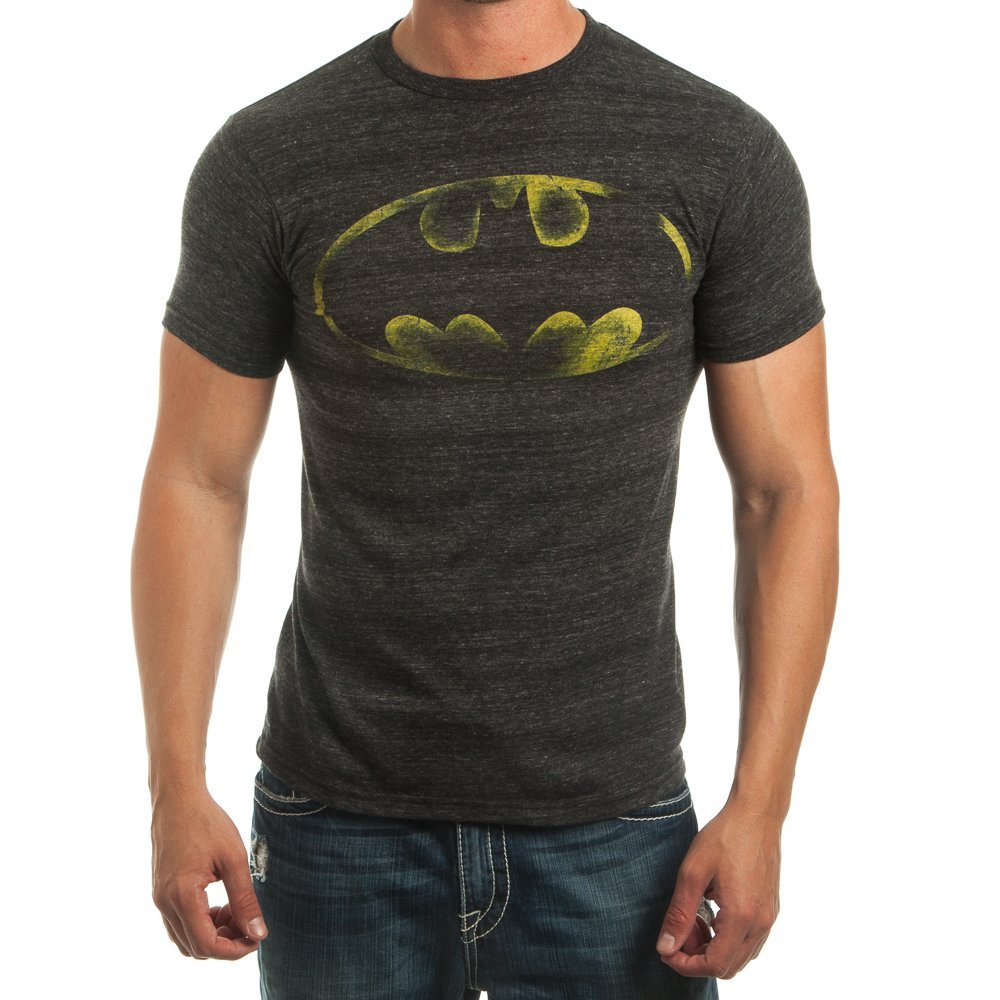 Batman Logo Bat Signal Men's Charcoal T-Shirt - Medium | Superhero Graphic Tee for Comic Fans & Cosplay | Perfect for Halloween, Comic Con & Casual Wear