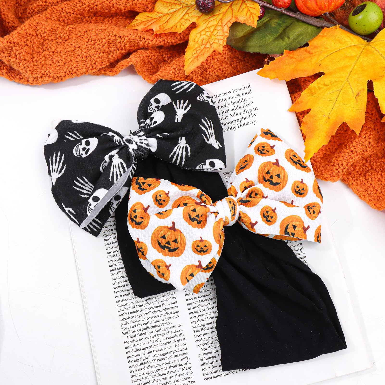 Halloween Hair Bows for Baby Girls - Pumpkin & Black Ghost Printed Headbands | Soft Nylon Hair Accessories for Newborns & Toddlers | Perfect for Halloween Costumes, Photo Shoots & Party Outfits