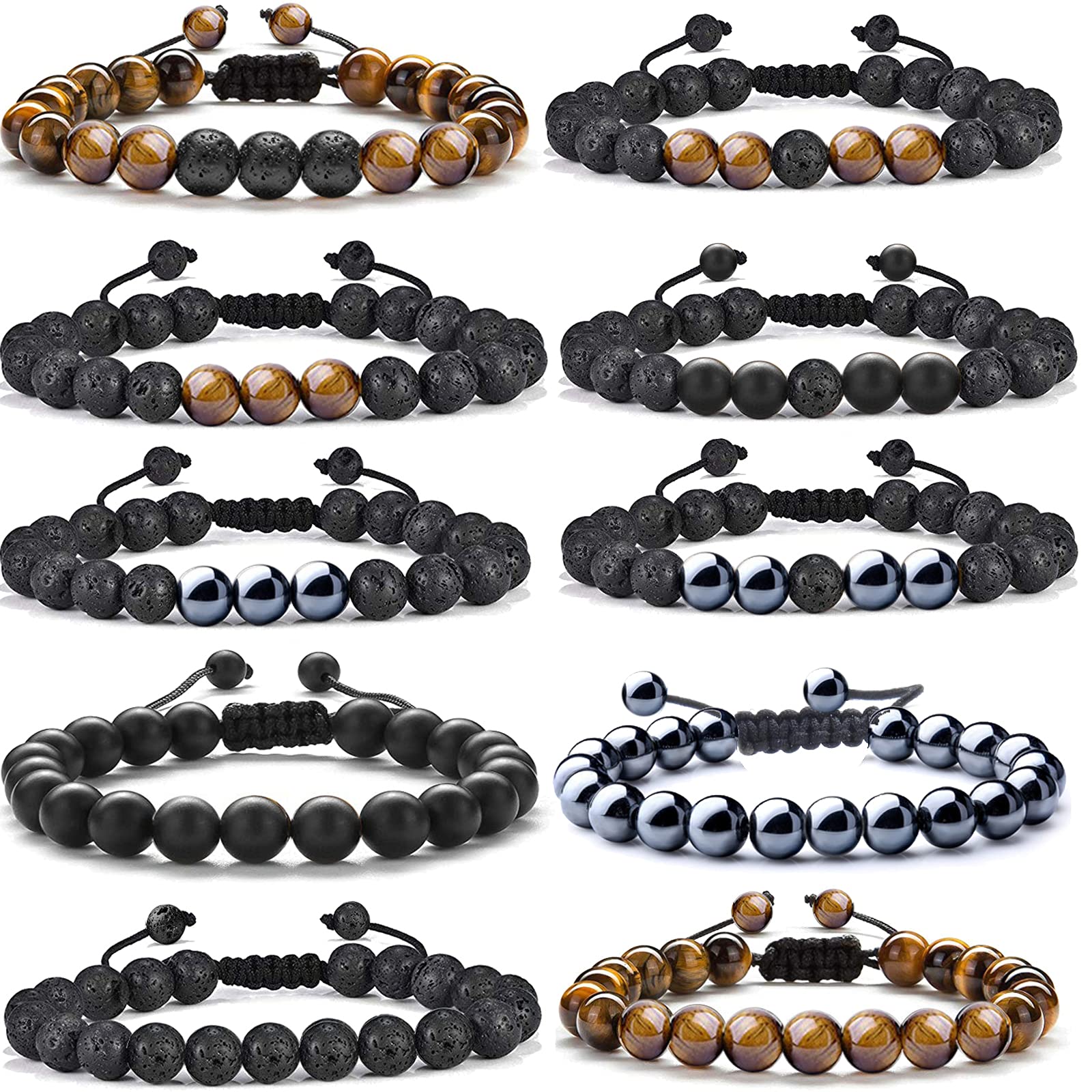 WAINIS 10 Pack Lava Rock Beaded Bracelets for Men & Women - Tiger Eye, Hematite, Black Onyx Matte Beads - Essential Oil Diffuser, Anxiety & Stress Relief Bracelets - Bulk Set for Yoga, Meditation & Daily Wear
