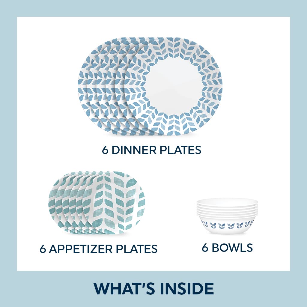 Corelle Global Collection 18-Piece Dinnerware Set - Triple Layer Recycled Vitrelle Glass, Lightweight & Eco-Friendly Round Plates & Bowls, Northern Pines Design - Perfect for Everyday Dining, Dinner Parties & Sustainable Home Decor