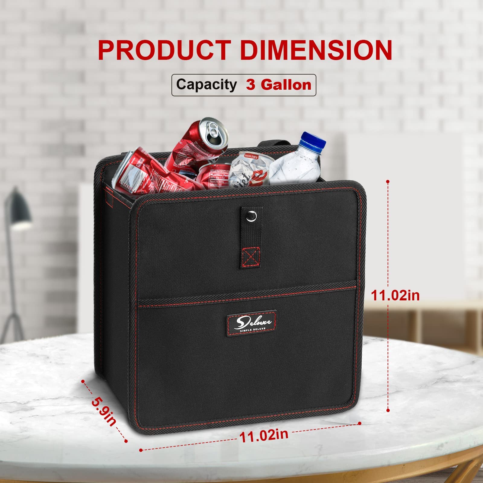 Simple Deluxe 3 Gallon Car Trash Can with Storage Pockets - Leak-Proof, Collapsible & Waterproof Garbage Bag with Adjustable Straps - Portable Vehicle Trash Bin for Road Trips, Camping & Office Use - Black