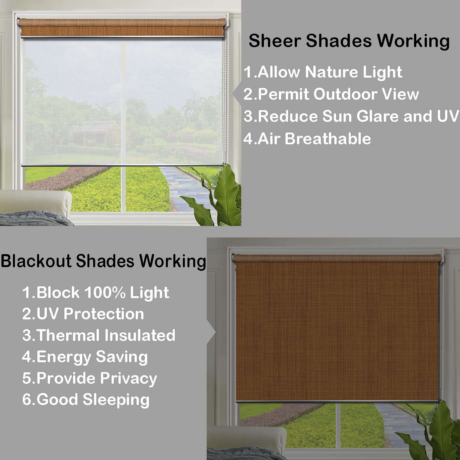 LETAU Double Layer Cordless Window Shades - 2 in 1 Blackout & Sheer Fabric Window Blinds for Multi Light Control | Olive Green | Perfect for Bedroom, Nursery & Home Office Privacy