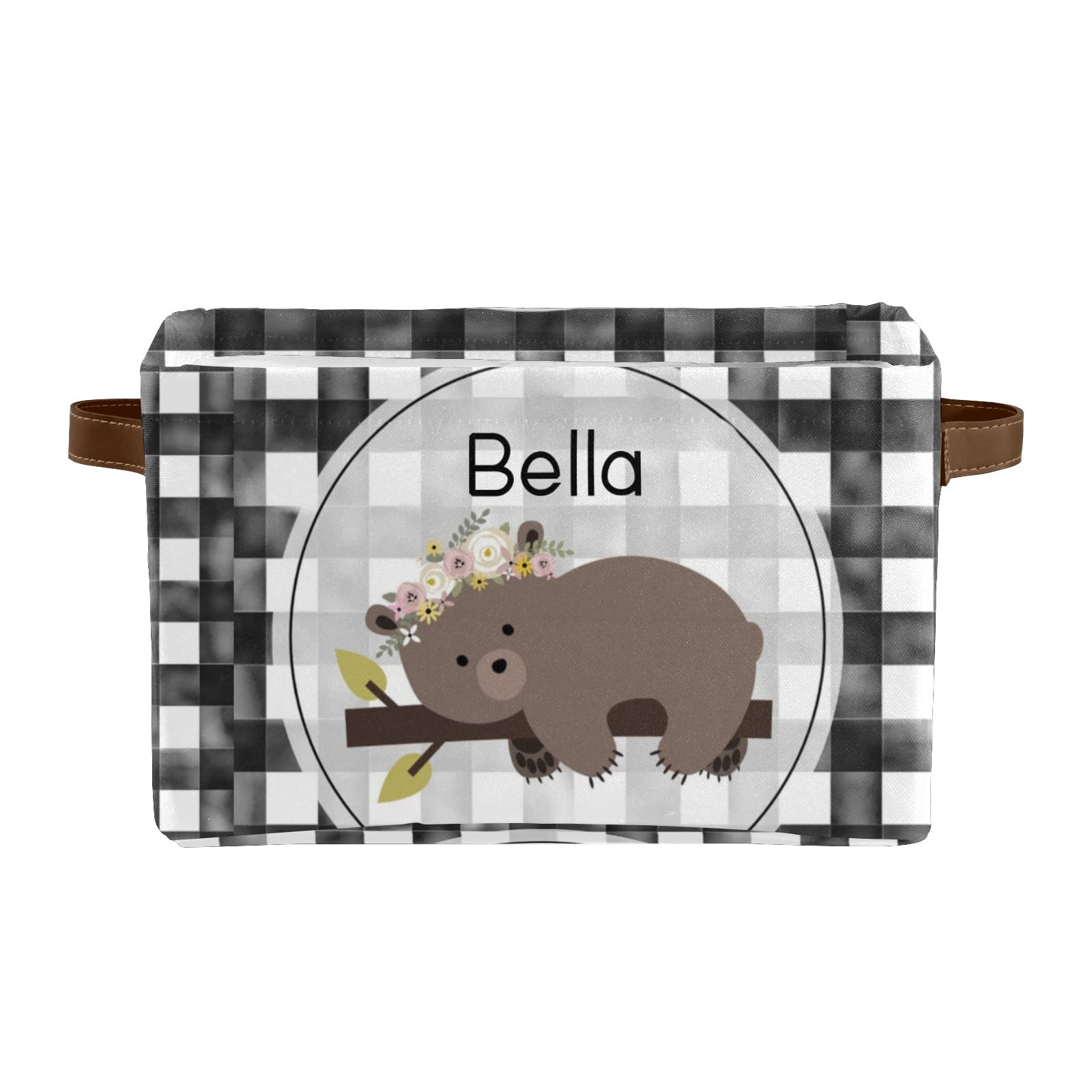 Personalized Funny Bear Canvas Storage Bins with Name - 2 Pack - Text Leather Handles for Office, Bathroom, Nursery, Closet & Shelf Organization - Perfect for Kids' Room Decor & Toy Storage