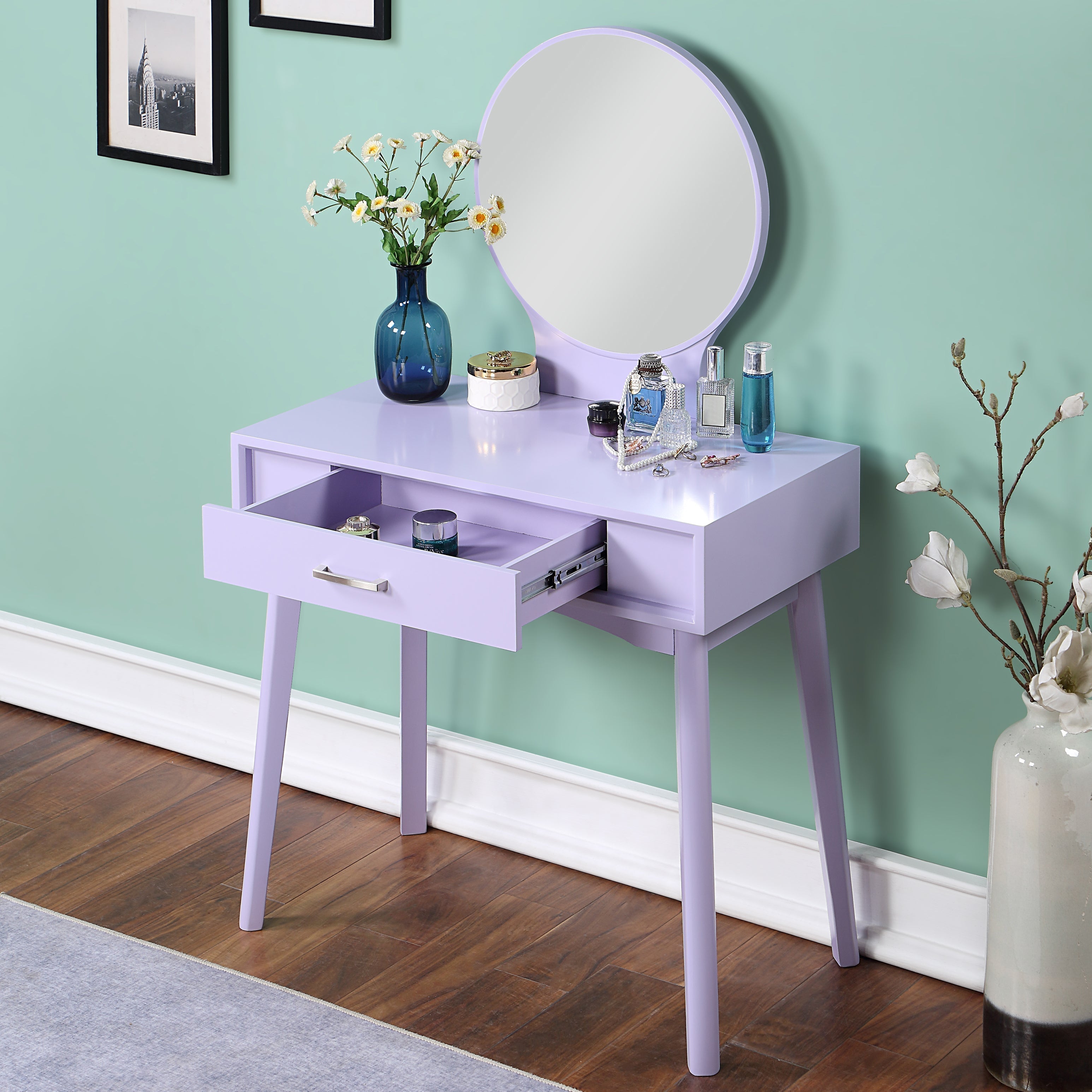 Roundhill Furniture Maly Contemporary Wood Vanity and Stool Set - Modern Makeup Dressing Table with Matching Stool for Bedroom & Bathroom
