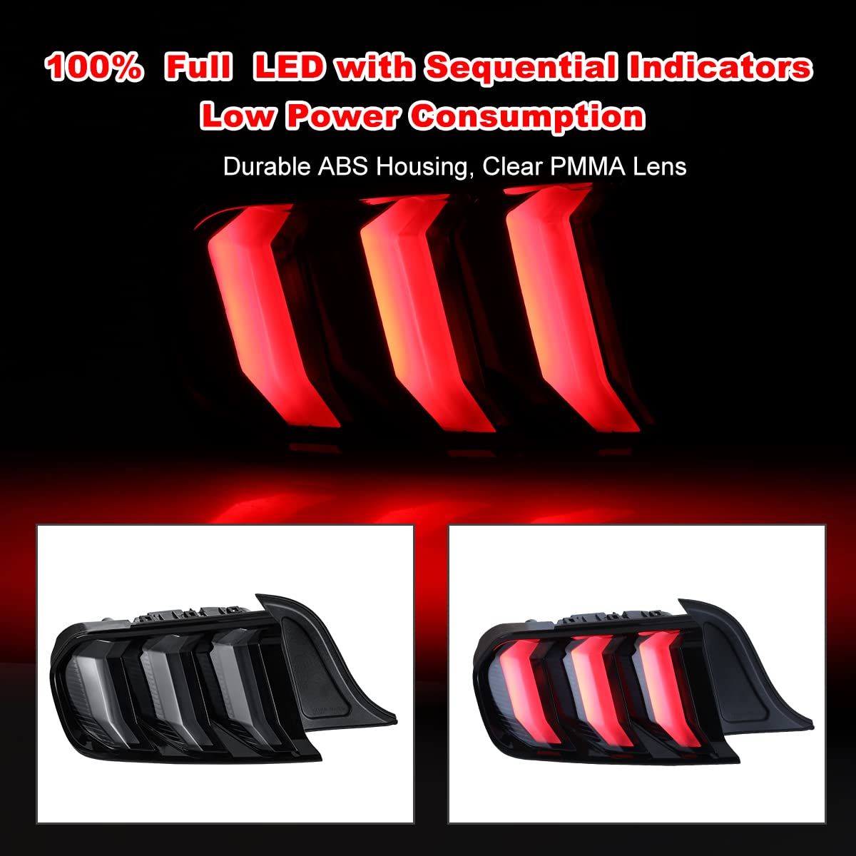 Winjet LED Tail Lights Assembly for 2015-2020 Ford Mustang - Full LED Sequential Turn Signal Lights (Smoke) - Driver & Passenger Side Replacement - Upgrade Your Mustang's Style & Visibility for Night Driving & Car Shows