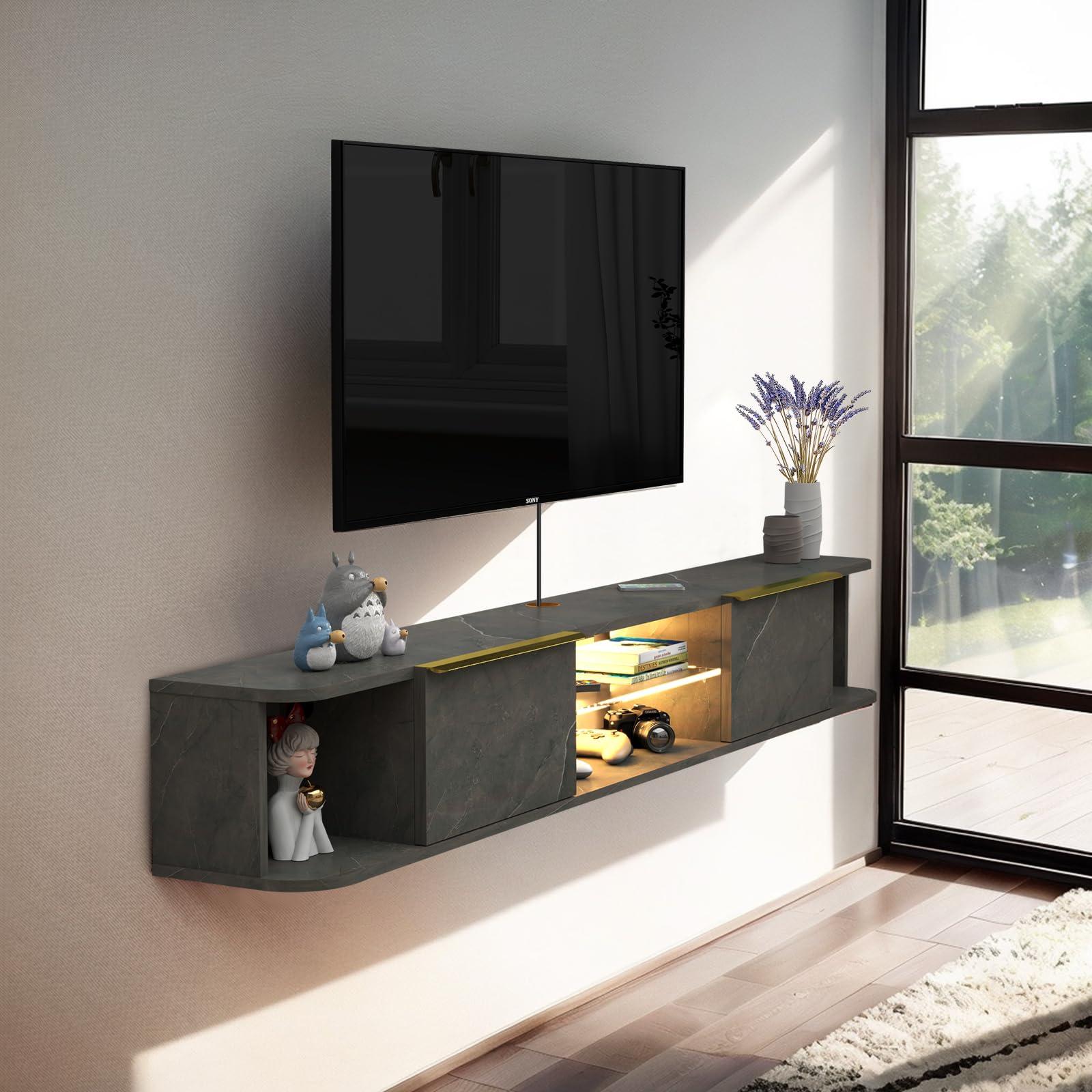 PMNIANHUA 80 Inch Floating TV Stand with LED Lights - Wall Mounted TV Console with 2 Drawers, 78