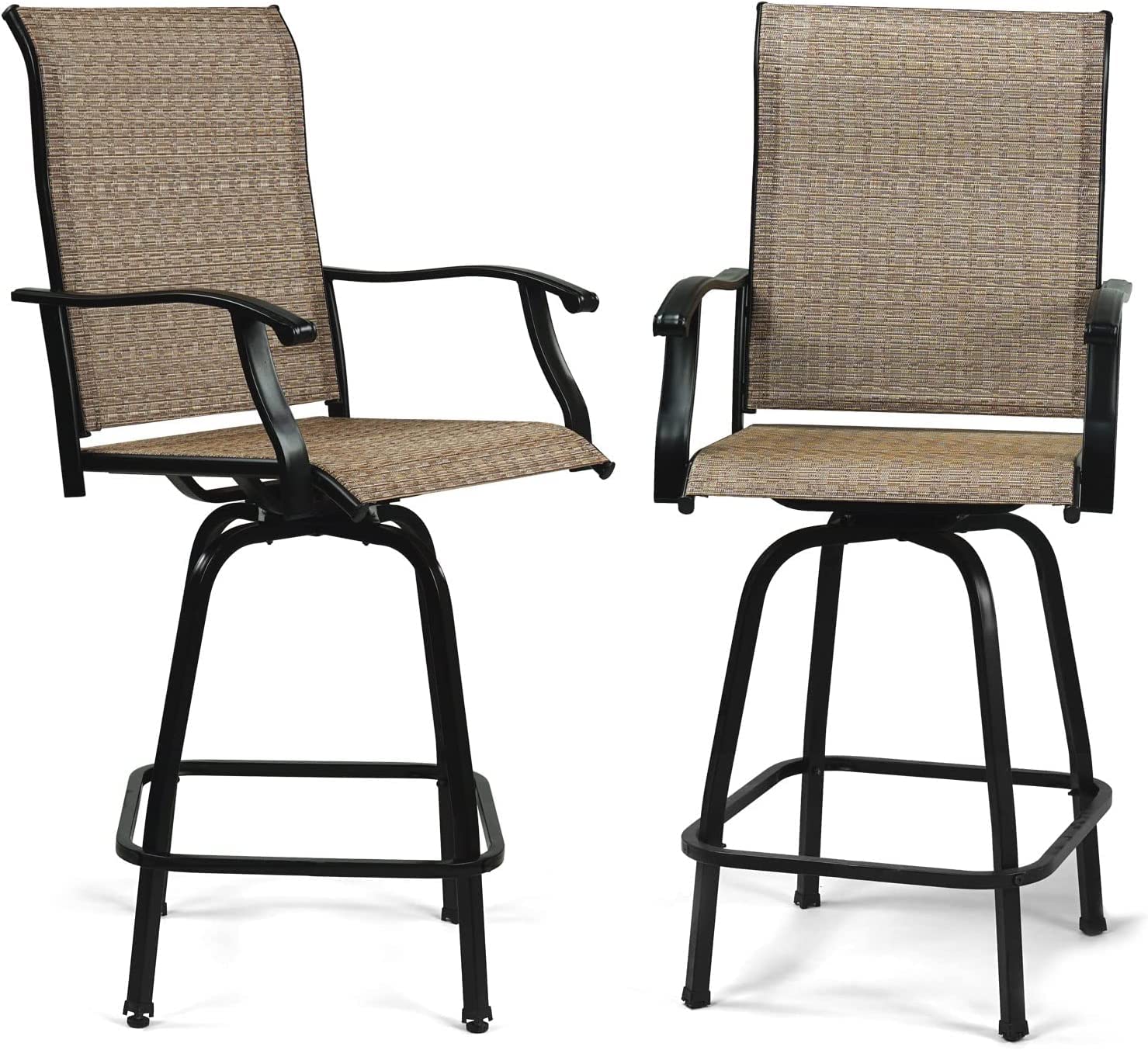 2 Pack Outdoor Swivel Bar Stools with High Back & Armrest - All-Weather Textilene Patio Furniture for Bistro, Poolside, Garden & Backyard - Brown (Perfect for Outdoor Dining, Lounging & Entertaining)