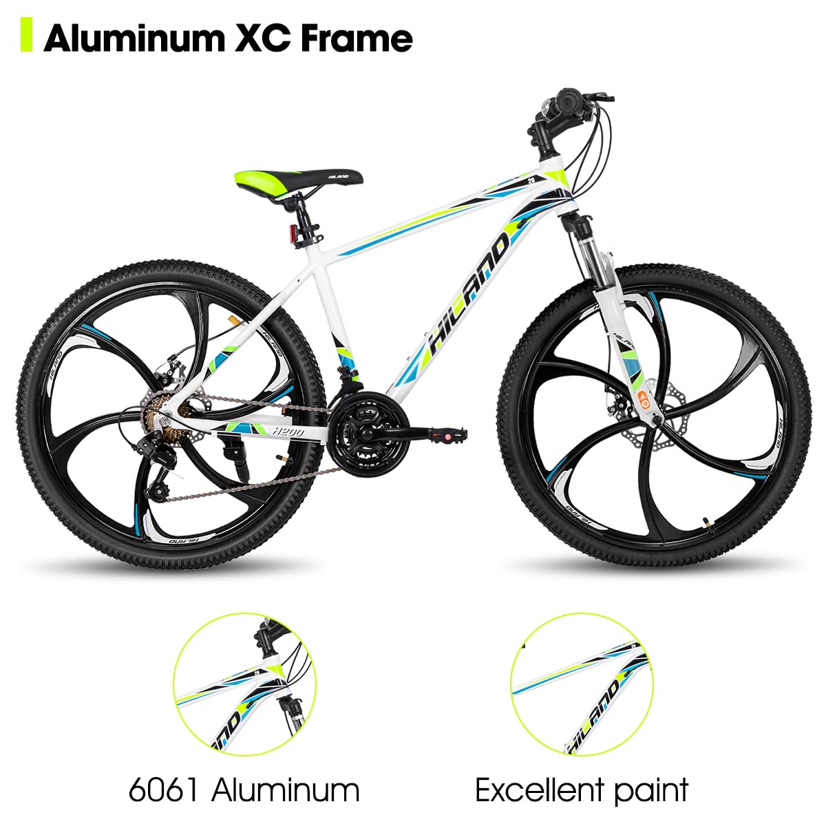 HILAND 26 Inch Mountain Bike for Men & Women - 21-Speed Drivetrain, Lightweight Aluminum Frame, Disc Brakes, 3/6 Spoke Design | Perfect for Trail Riding, Commuting & Outdoor Adventures