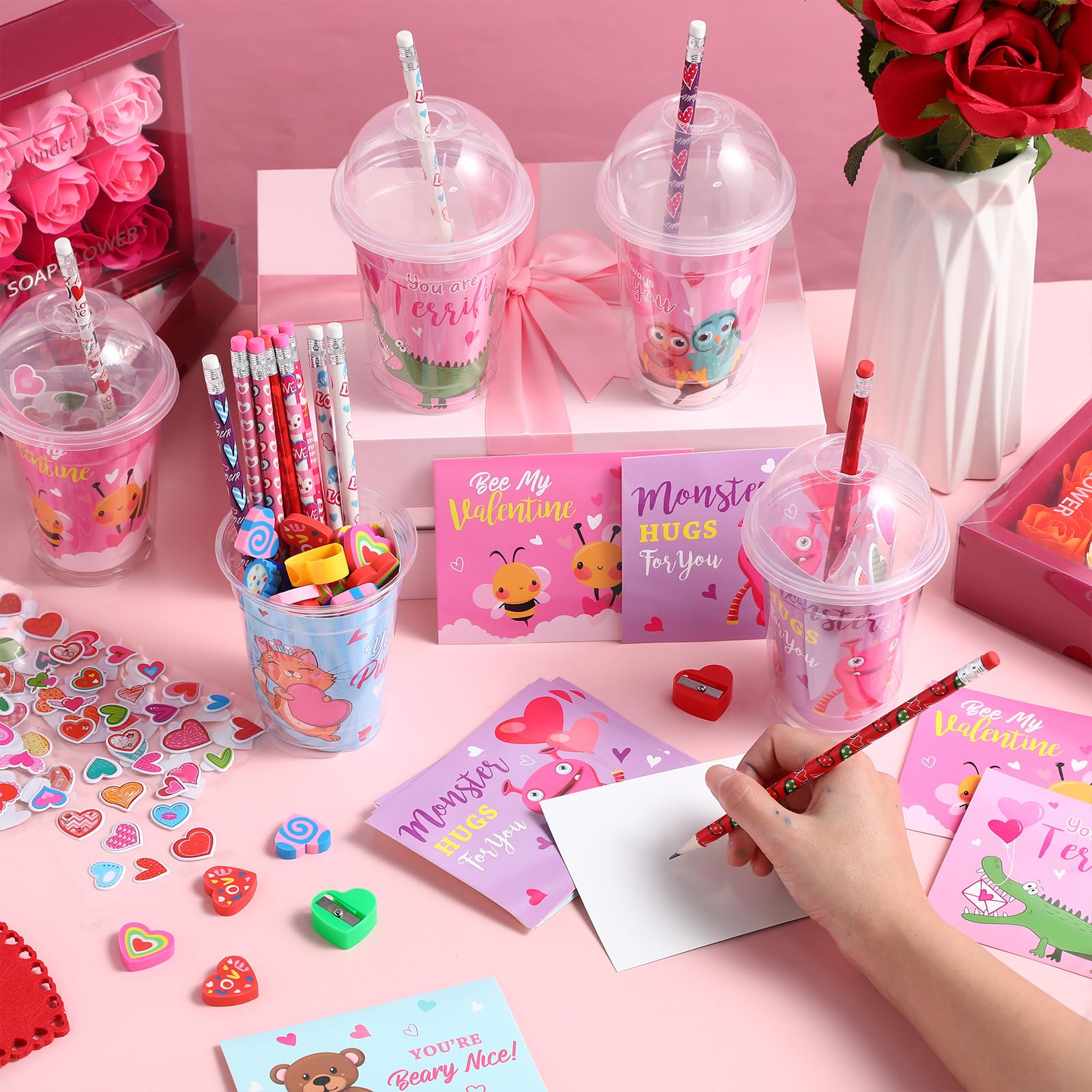 Pasimy 32-Piece Valentine's Day Stationery Gift Set - Classroom Exchange Gifts for Kids (Includes Cups, Cards, Pencils, Stickers, Erasers & Sharpeners) - Perfect for School Prizes, Party Favors & Valentine's Day Celebrations