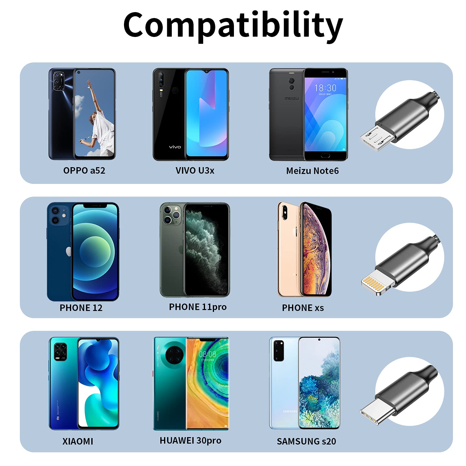4-in-1 Multi Charger Cable with Lightning/Micro USB/USB-C - 1.2M Nylon Braided Fast Charging Cord for iPhone 12/11/XS, Samsung S20/S10/S9/S8, Huawei, Nexus, Nokia (Grey) - Perfect for Home, Office & Travel Charging Needs