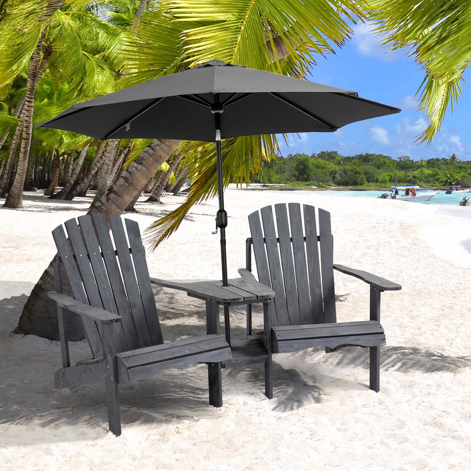 Outsunny 2-Person Wooden Adirondack Chairs Set with Fire Pit Table & Umbrella Hole - Gray Outdoor Patio Furniture for Deck, Lawn, Poolside & Backyard Relaxation