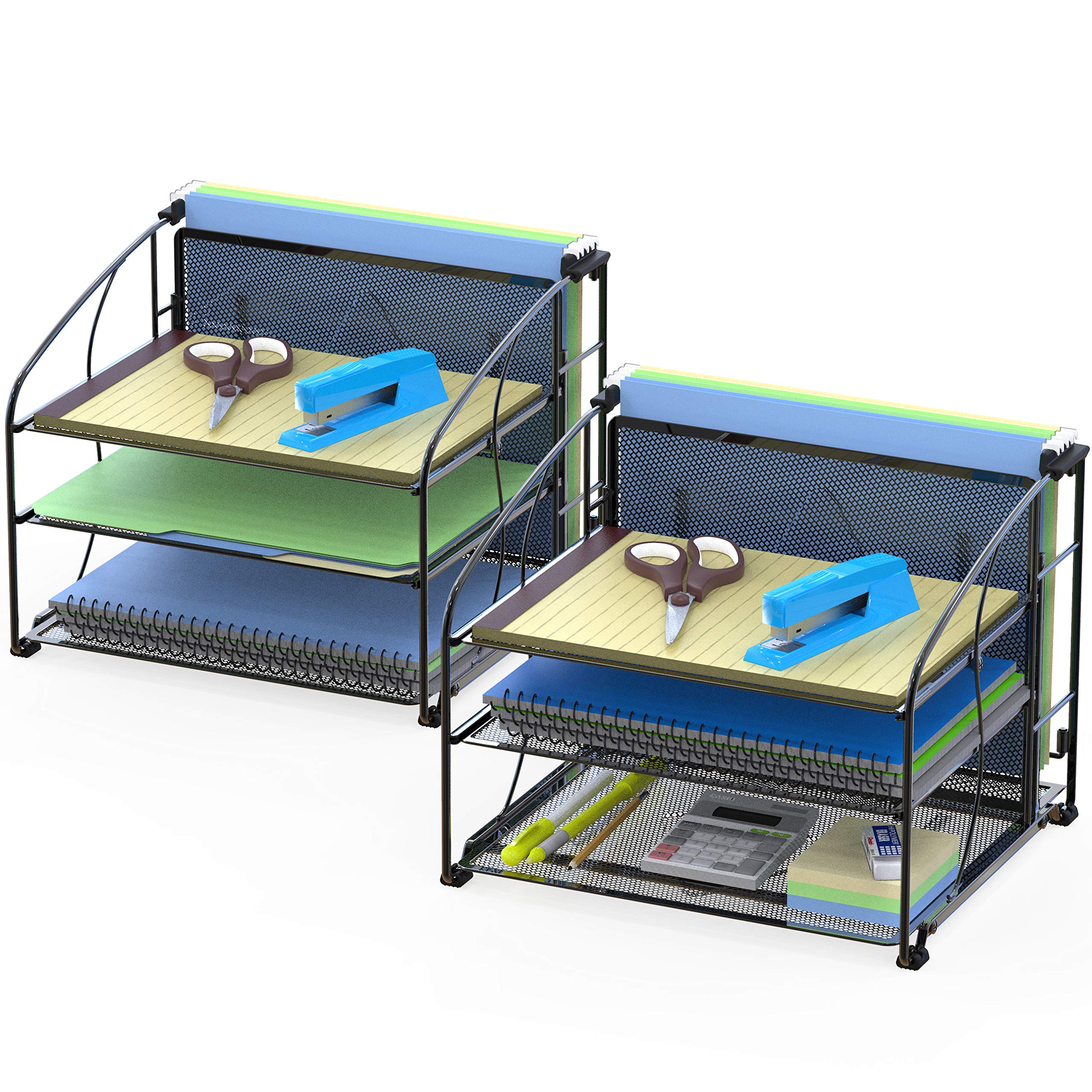Simple Houseware 3-Tier Desk Organizer with Hanging File Holder - Black Office Supplies (2-Pack) - Perfect for Home Office, School, and Workspace Organization
