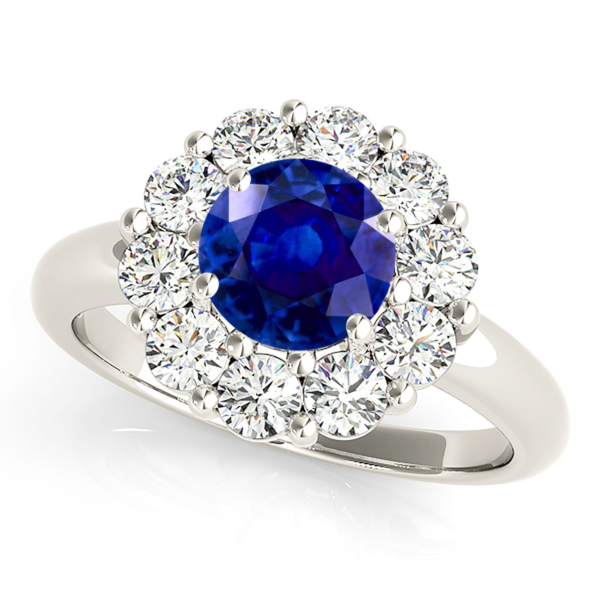 1.80 Carat Genuine Blue Sapphire Halo Ring - 14K White Gold Engagement Ring for Women, Wedding Band, Anniversary Gift, Promise Ring, Bridal Jewelry