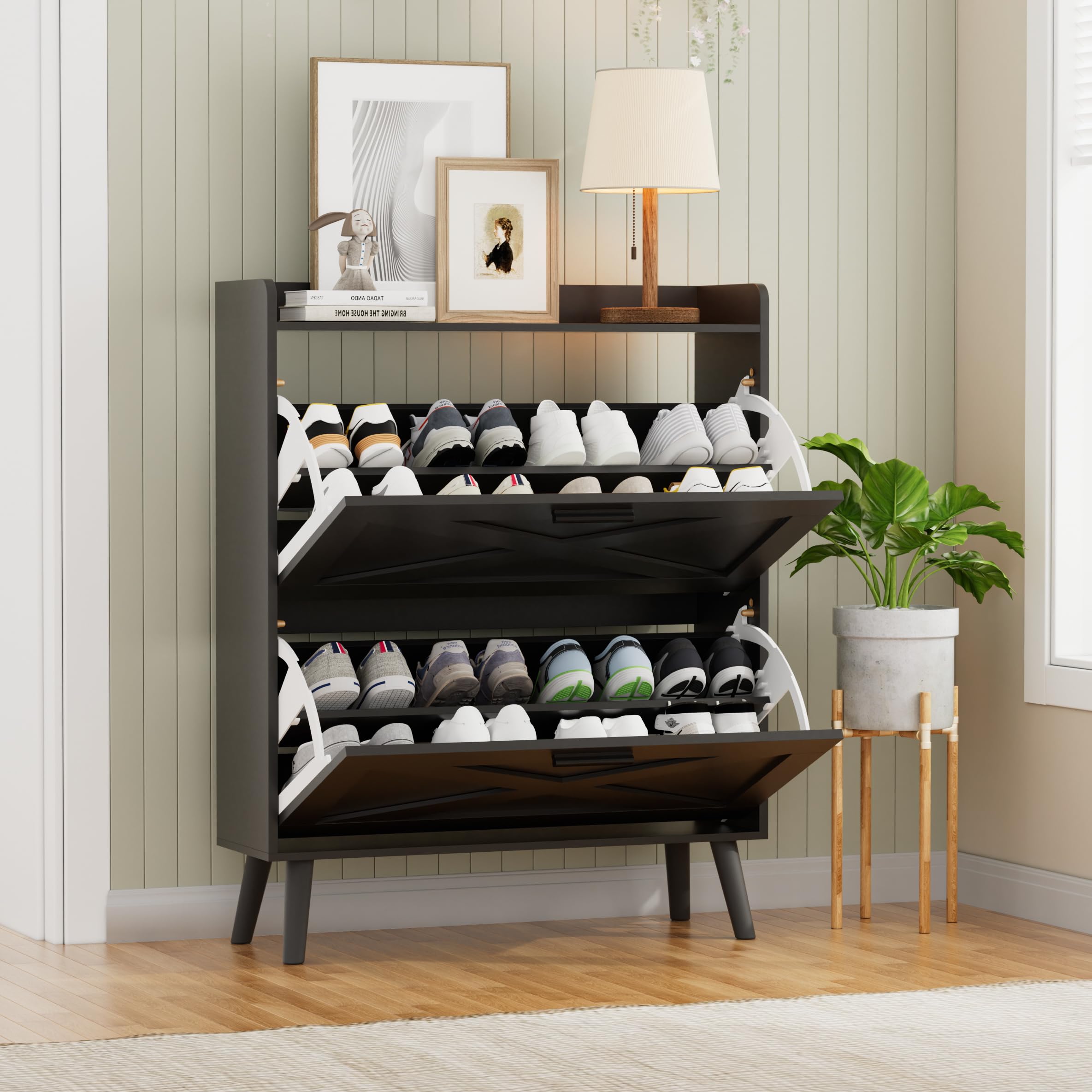 Farmhouse Shoe Storage Cabinet with 2 Flip Drawers & Barn Door Design - Adjustable Shelves Modern Hidden Slim Narrow Shoe Rack for Entryway, Foyer, Hallway - Perfect for Organizing Shoes in Small Spaces, Apartments & Mudrooms (Black)