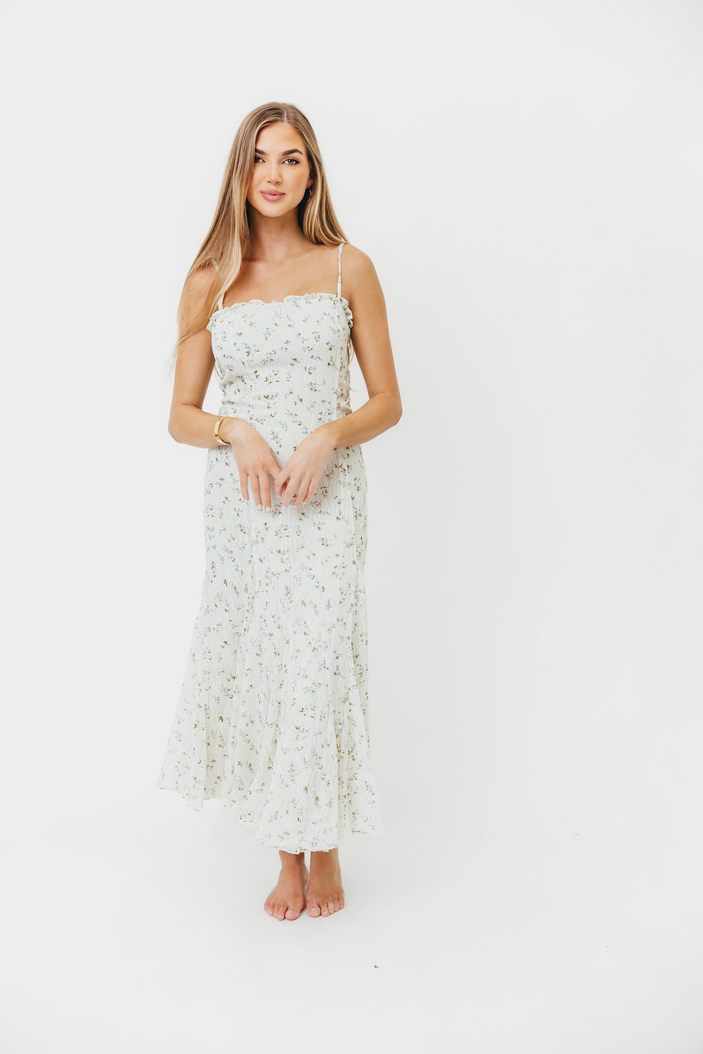 Sidney Floral Mermaid Midi Dress in Ivory - Elegant Summer Wedding Guest Dress for Women | Beach Party, Cocktail, Formal Occasions