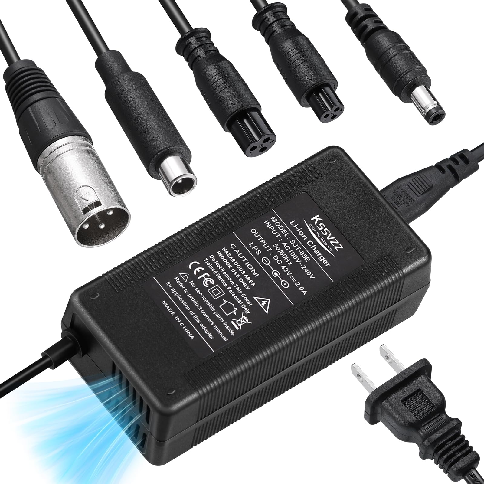 42V 2A Fast Battery Charger with Cooling System - Universal Replacement Charger for 36V Lithium Battery (5 Plugs Included) - Compatible with Jetson, Gotrax, Razor, Ninebot, Segway, Swagtron, Hiboy Electric Scooters & Bikes - Perfect for Home, Office & Outdoor Charging