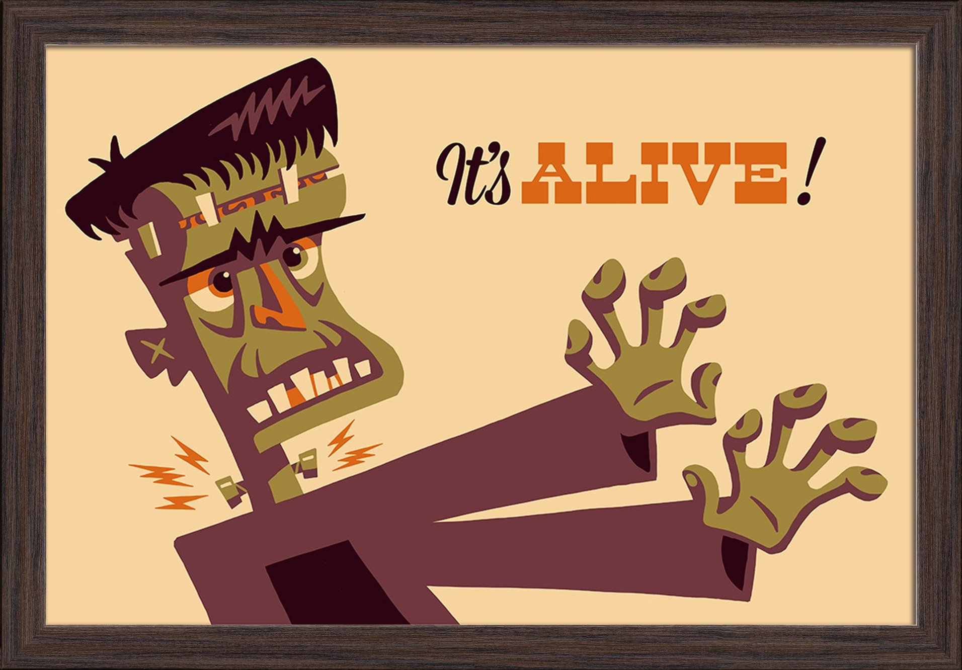 Frankenstein Retro Halloween Art Print - 16x24 Giclee Fine Art on Recycled Wood Frame in Espresso Brown - Perfect for Halloween Decor, Horror Movie Room & Gothic Home Decor