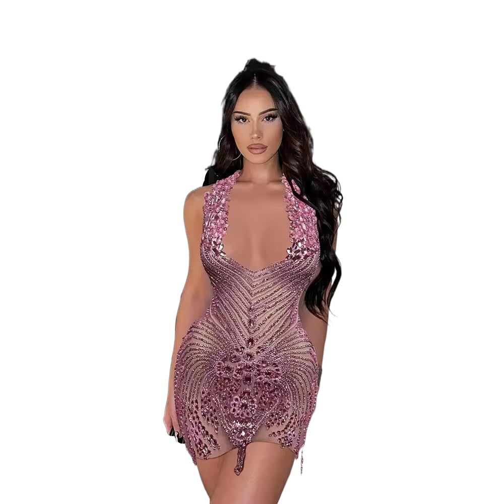 Sexy Women's Custom-Made V-Neck Sleeveless Mini Dress with Rhinestones - Perfect for Birthday, Date Night, Club, Cocktail Party, Wedding & Prom | Bodycon Mesh Corset Gown for Girls & Women