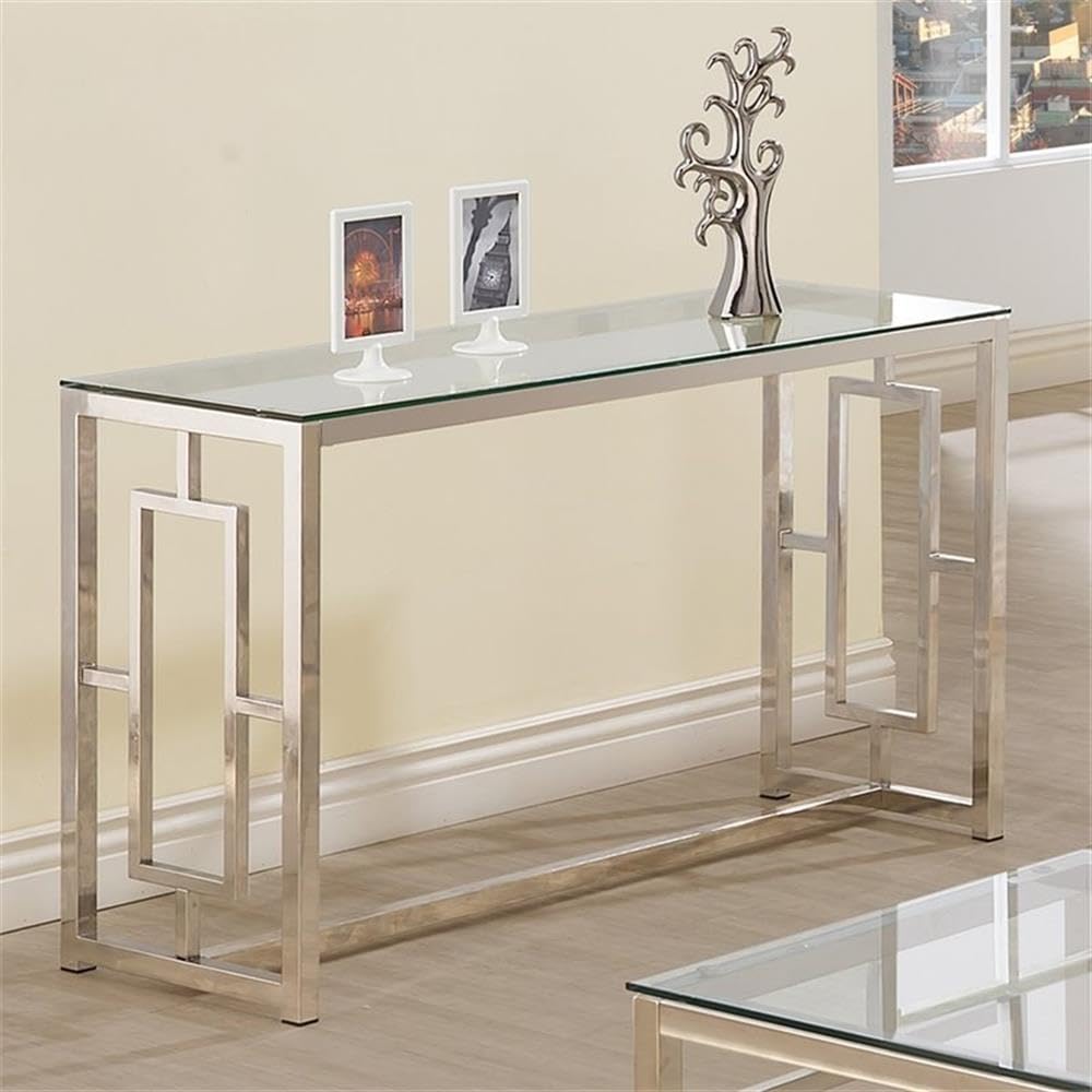 Modern Glass Top Console Table with Nickel Frame - Sleek Entryway & Living Room Furniture for Hallway Decor