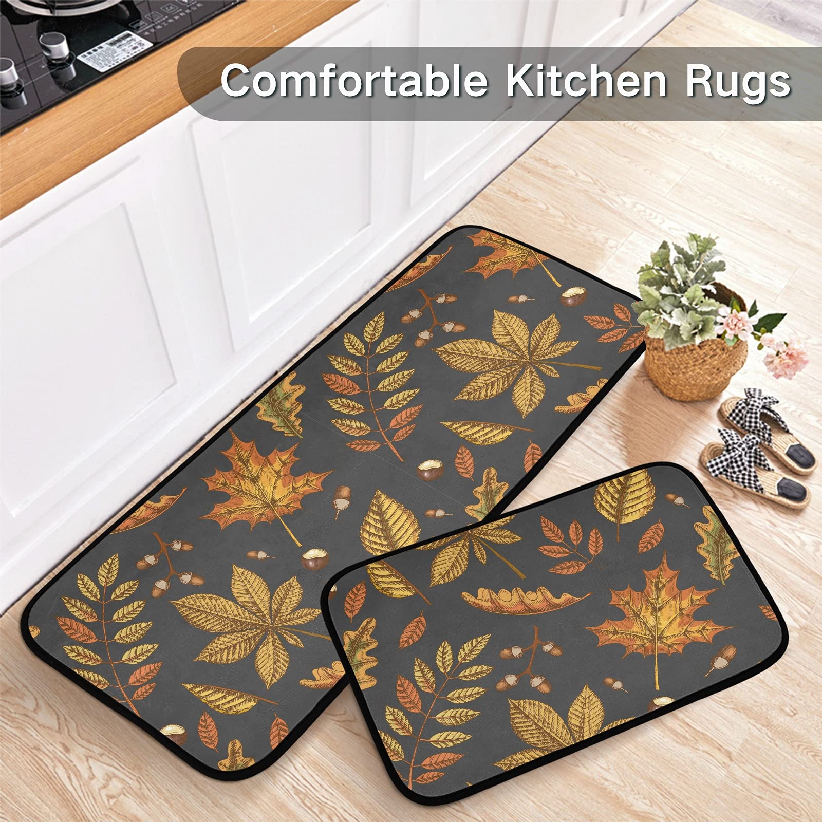 Emelivor Anti-Fatigue Kitchen Mat Set of 2 - Non-Slip Cushioned Memory Foam Rug for Fall/Autumn - Heavy Duty Farmhouse Style Mats for Kitchen, Laundry & Entryway - Perfect for Standing Comfort While Cooking & Cleaning