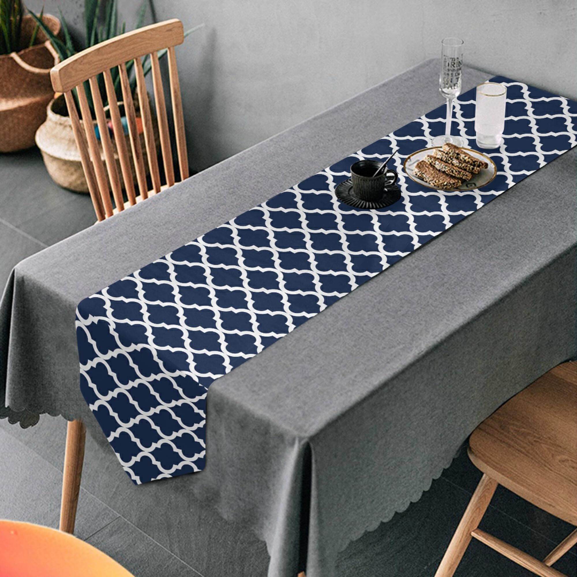 Navy Blue Geometric Lattice Table Runner - 70 Inch Elegant Baroque Dining & Coffee Table Decor for Wedding, Farmhouse, Kitchen | Perfect for Holiday Entertaining & Home Styling