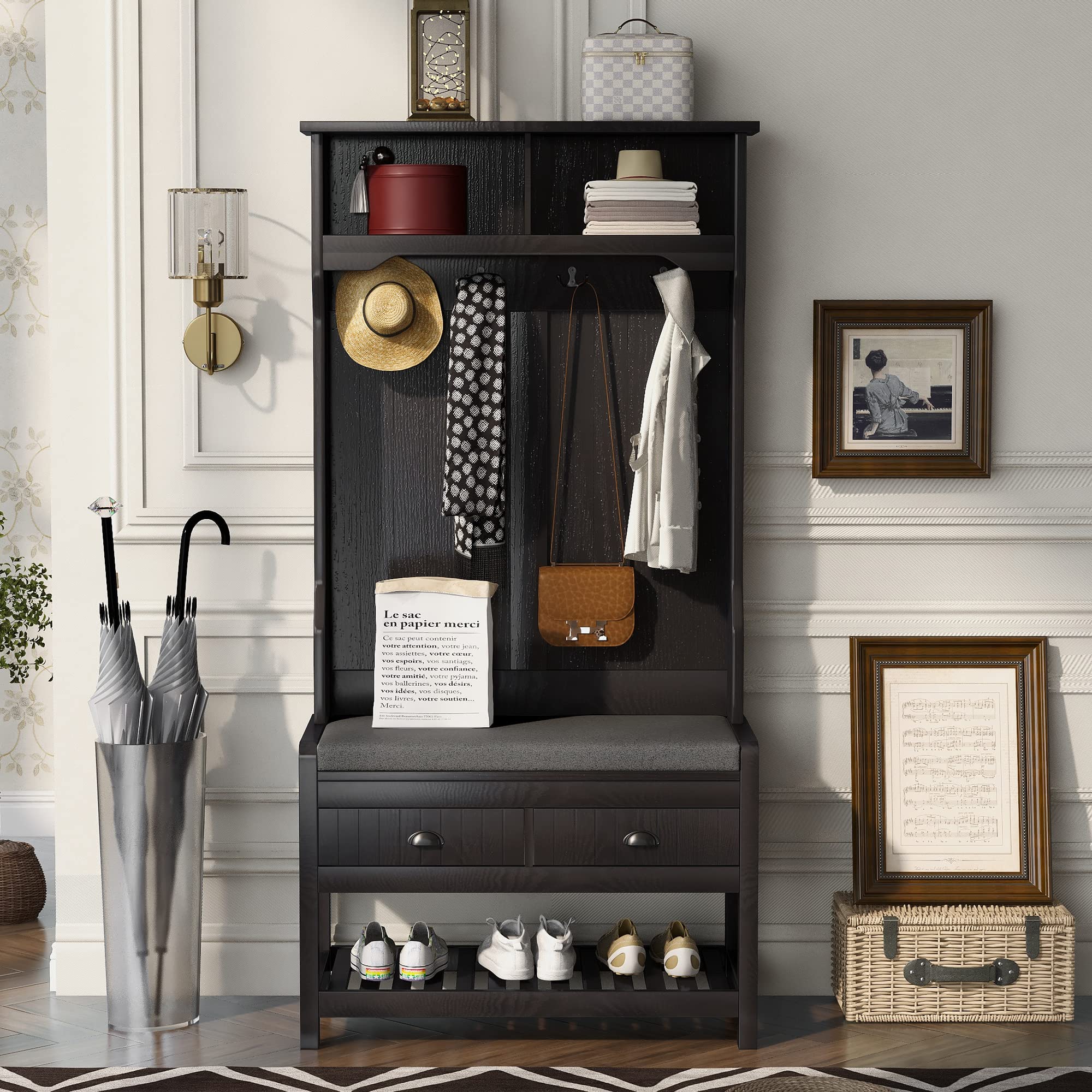4-in-1 Multifunctional Hall Tree with Shoe Storage Bench, Coat Rack & Cabinet - Entryway Organizer with 4 Hooks, Hinged Lid & Bottom Shelf - Perfect for Small Spaces, Apartments & Home Entryways (Black) - Ideal for Organizing Shoes, Coats, Bags & Accessories in Mudrooms, Foyers & Hallways
