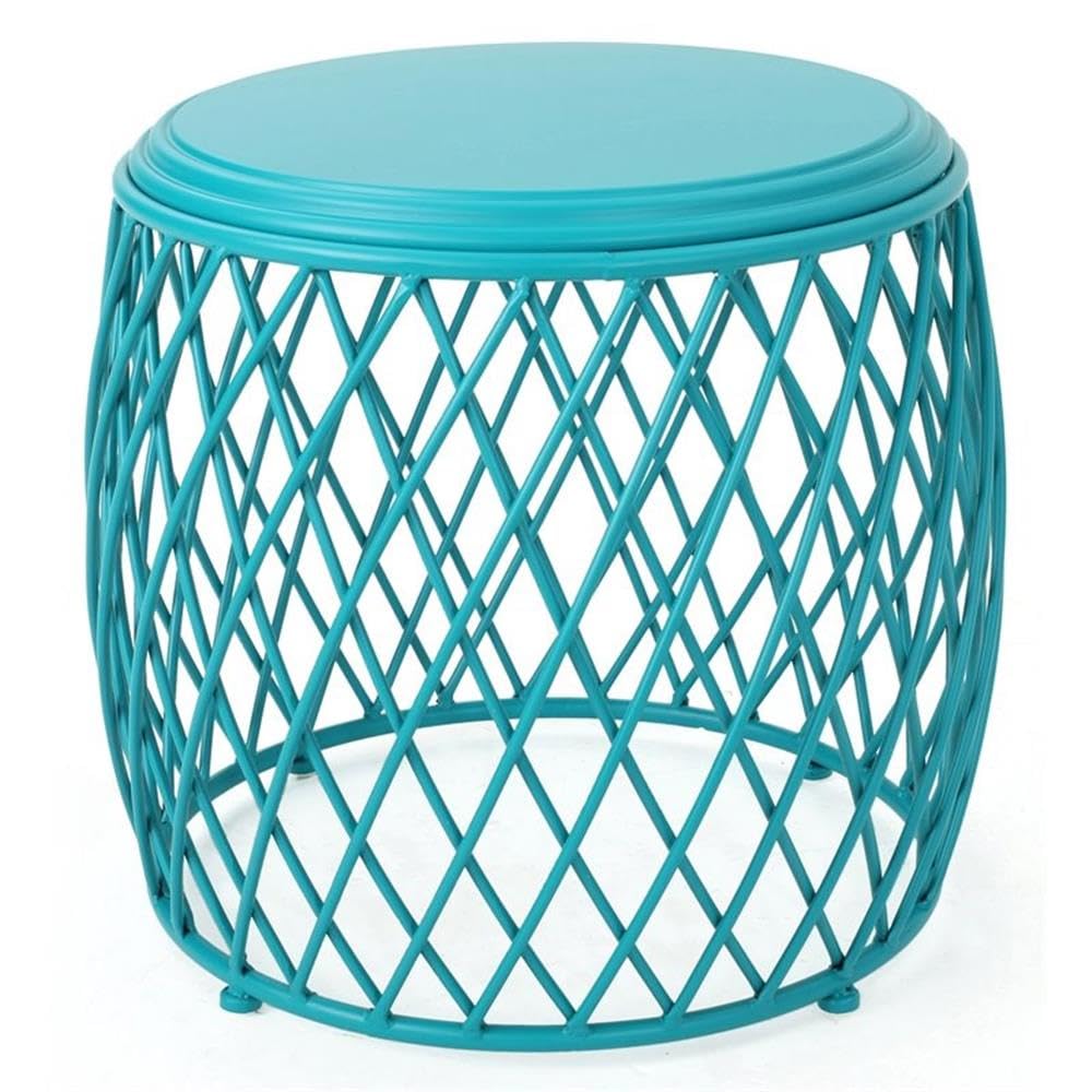 Noble House Bryony 19-Inch Round Lattice Iron Indoor Side Table in Matte Teal Blue - Perfect for Living Room, Bedroom, or Office Decor